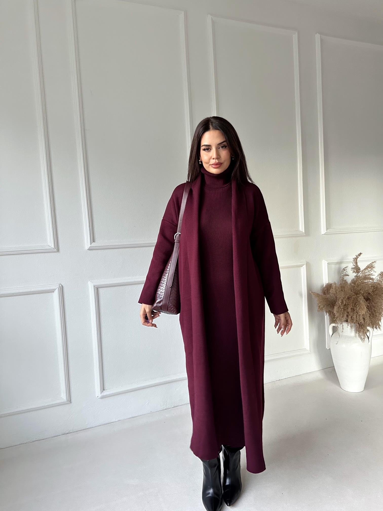 Lüks Kalite Bordo Kolsuz Triko Elbise Ve Hırka Takım | Nora Butik