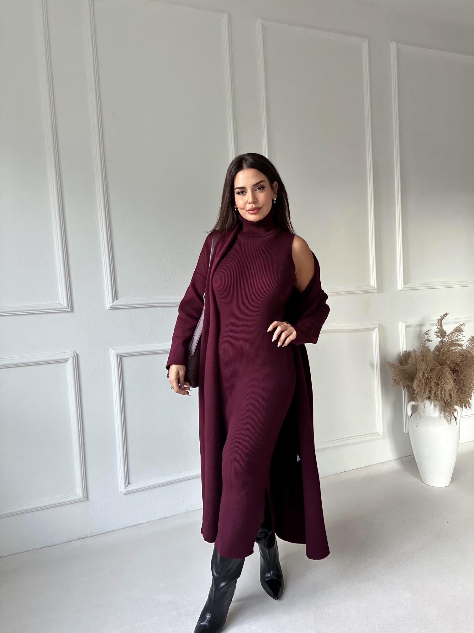 Lüks Kalite Bordo Kolsuz Triko Elbise Ve Hırka Takım | Nora Butik