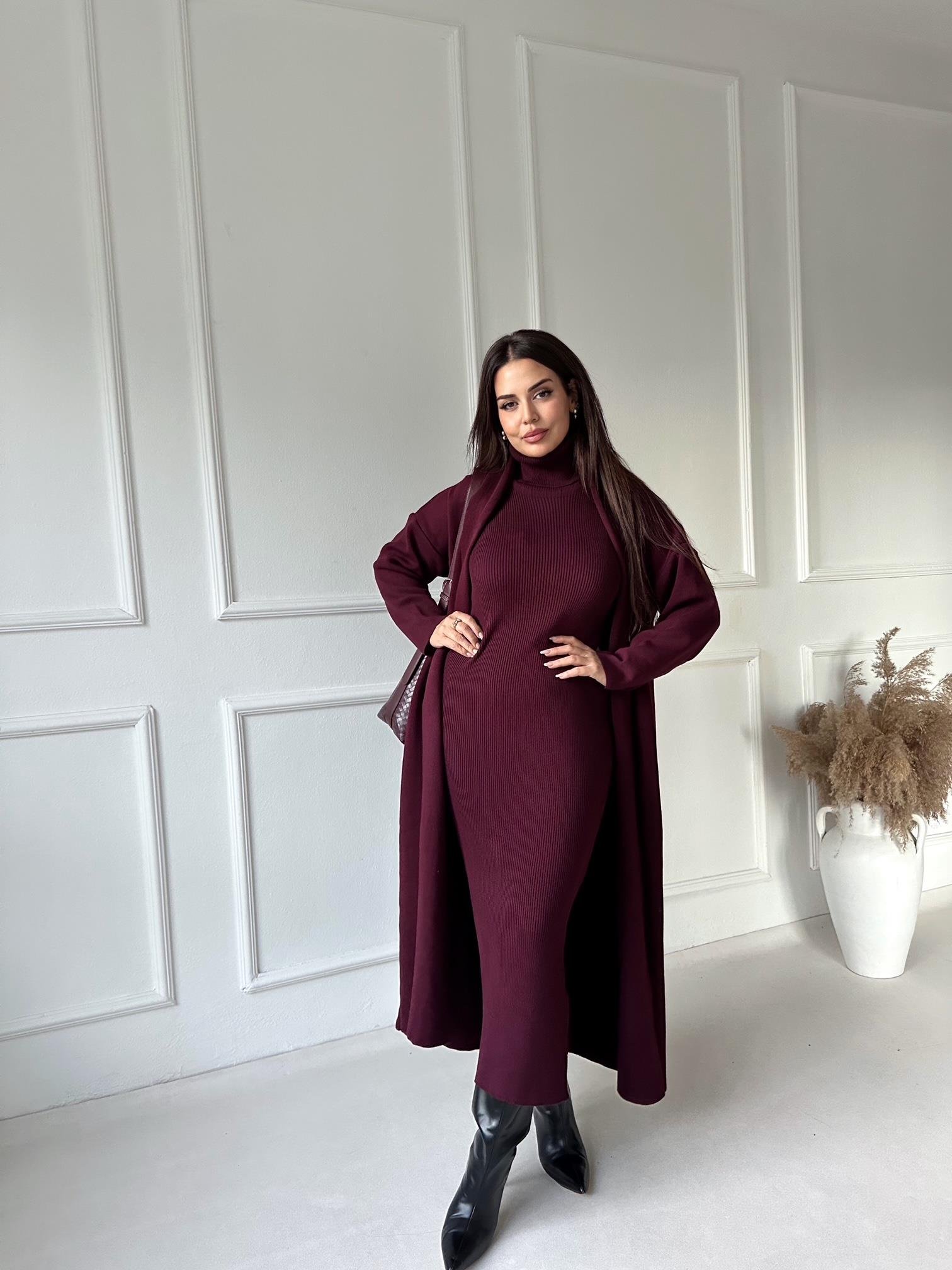 Lüks Kalite Bordo Kolsuz Triko Elbise Ve Hırka Takım | Nora Butik