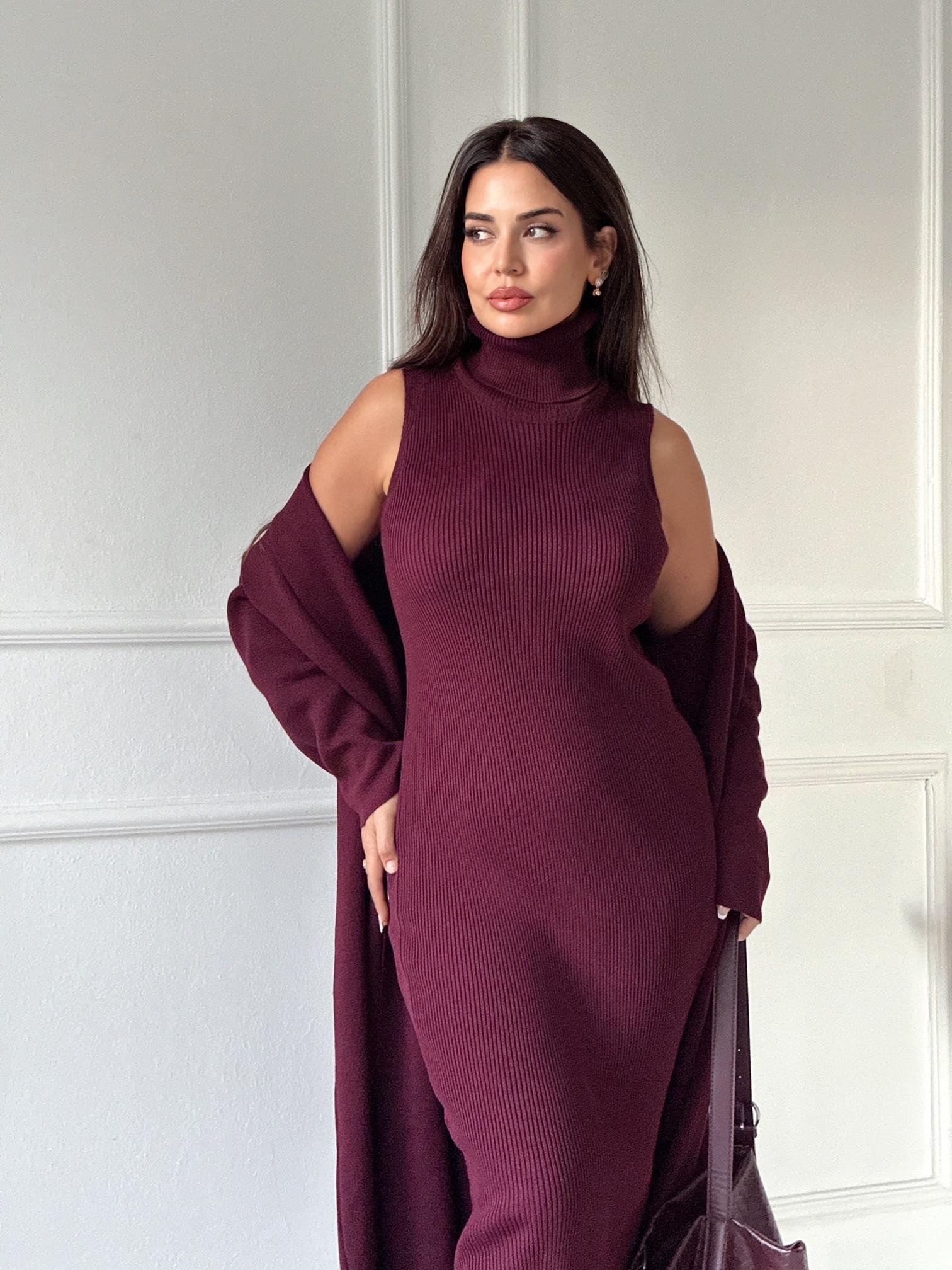 Lüks Kalite Bordo Kolsuz Triko Elbise Ve Hırka Takım | Nora Butik