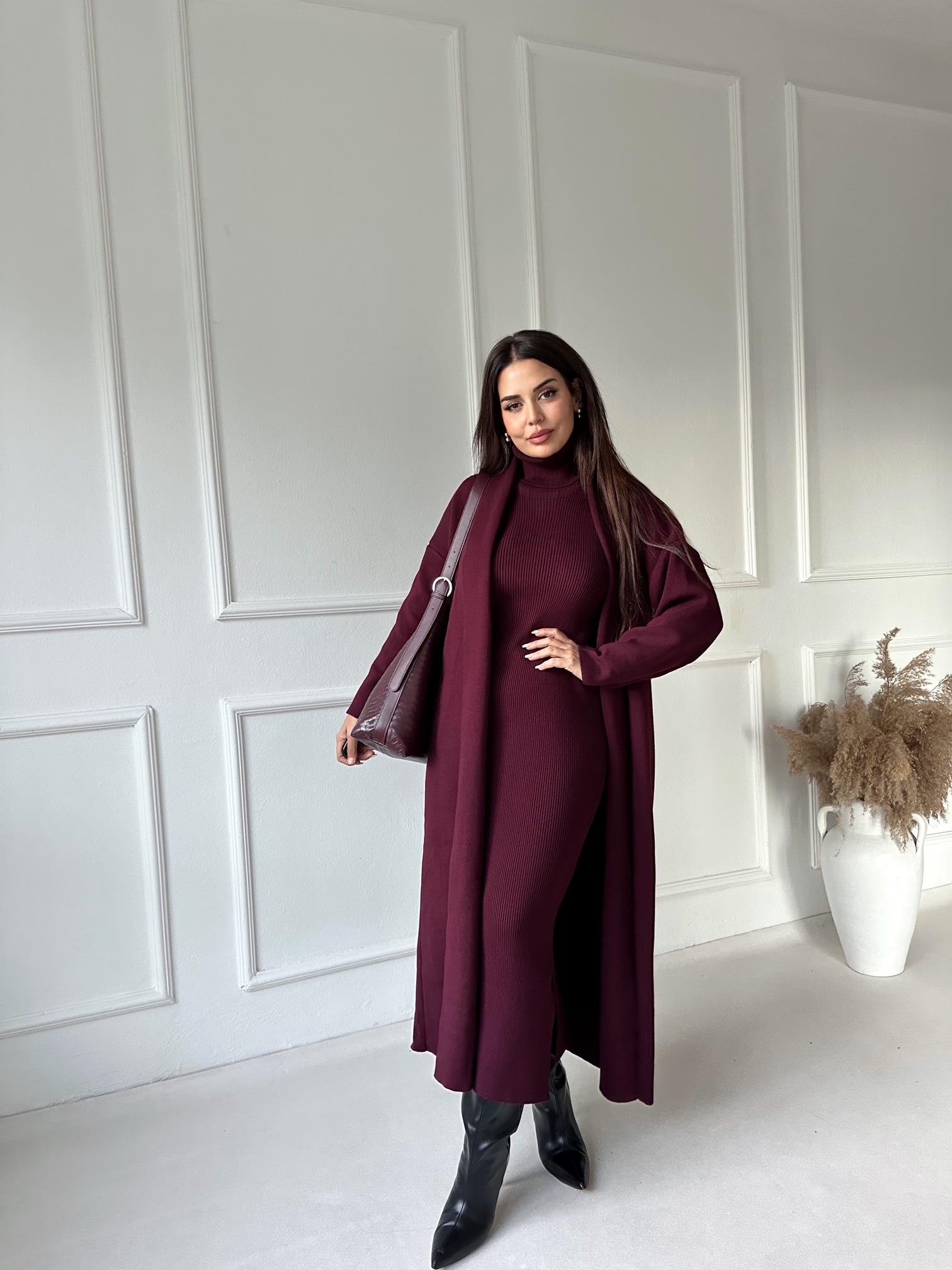 Lüks Kalite Bordo Kolsuz Triko Elbise Ve Hırka Takım | Nora Butik