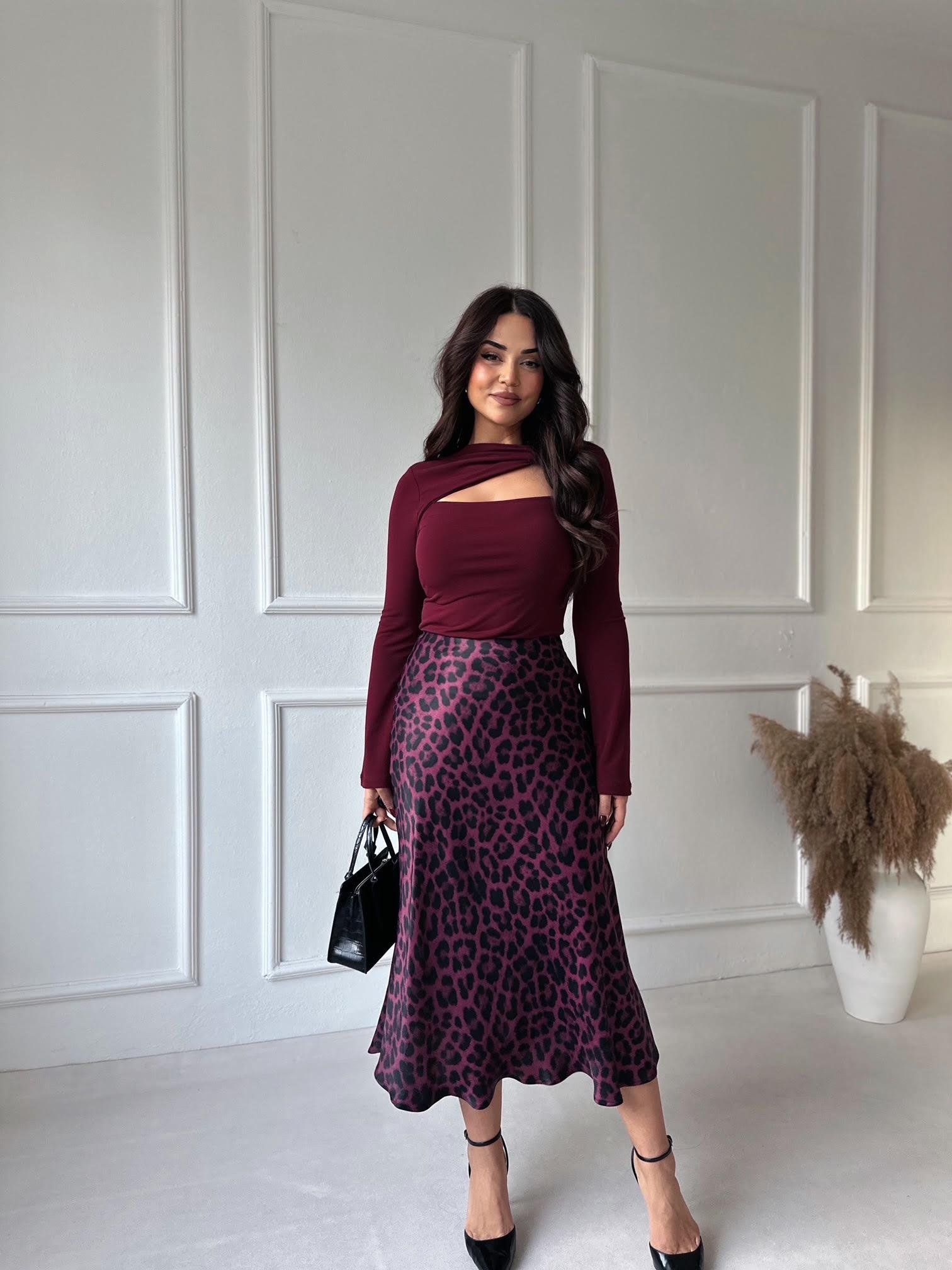 Lüks Kalite Bordo Leopar Desen Midi Saten Etek