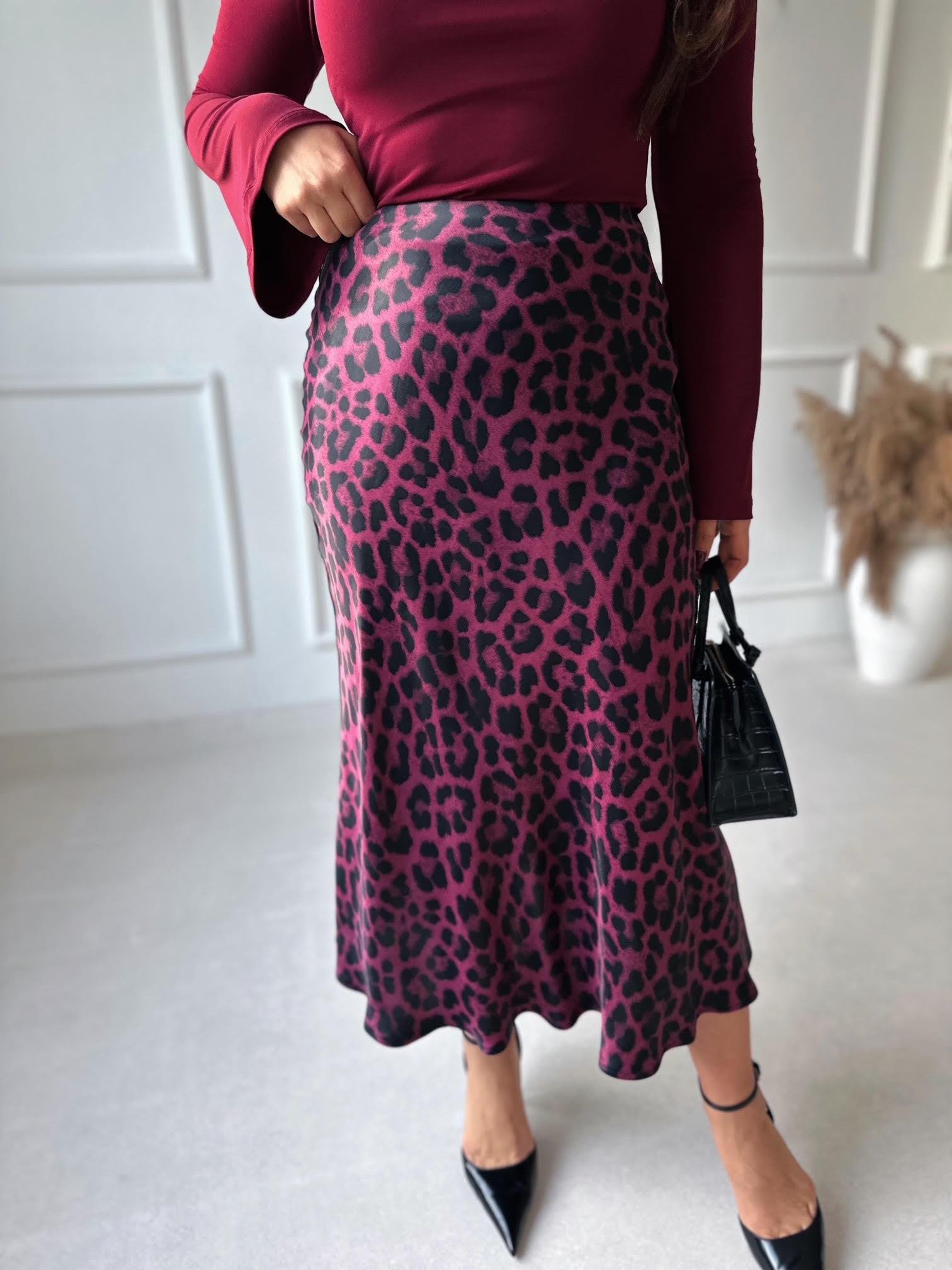 Lüks Kalite Bordo Leopar Desen Midi Saten Etek