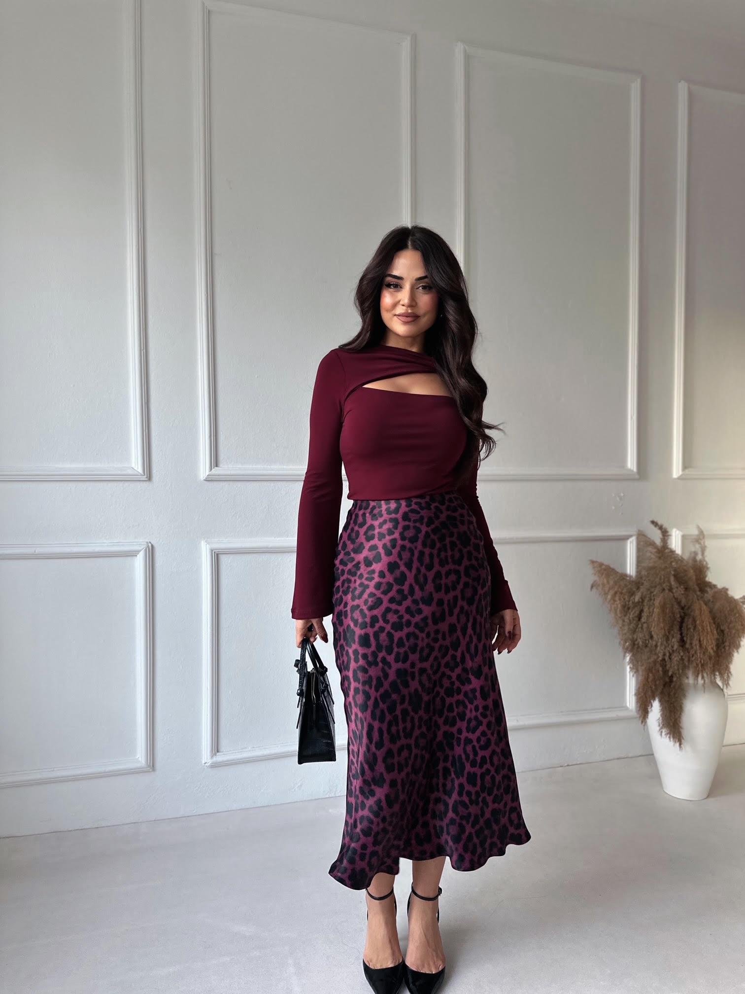 Lüks Kalite Bordo Leopar Desen Midi Saten Etek