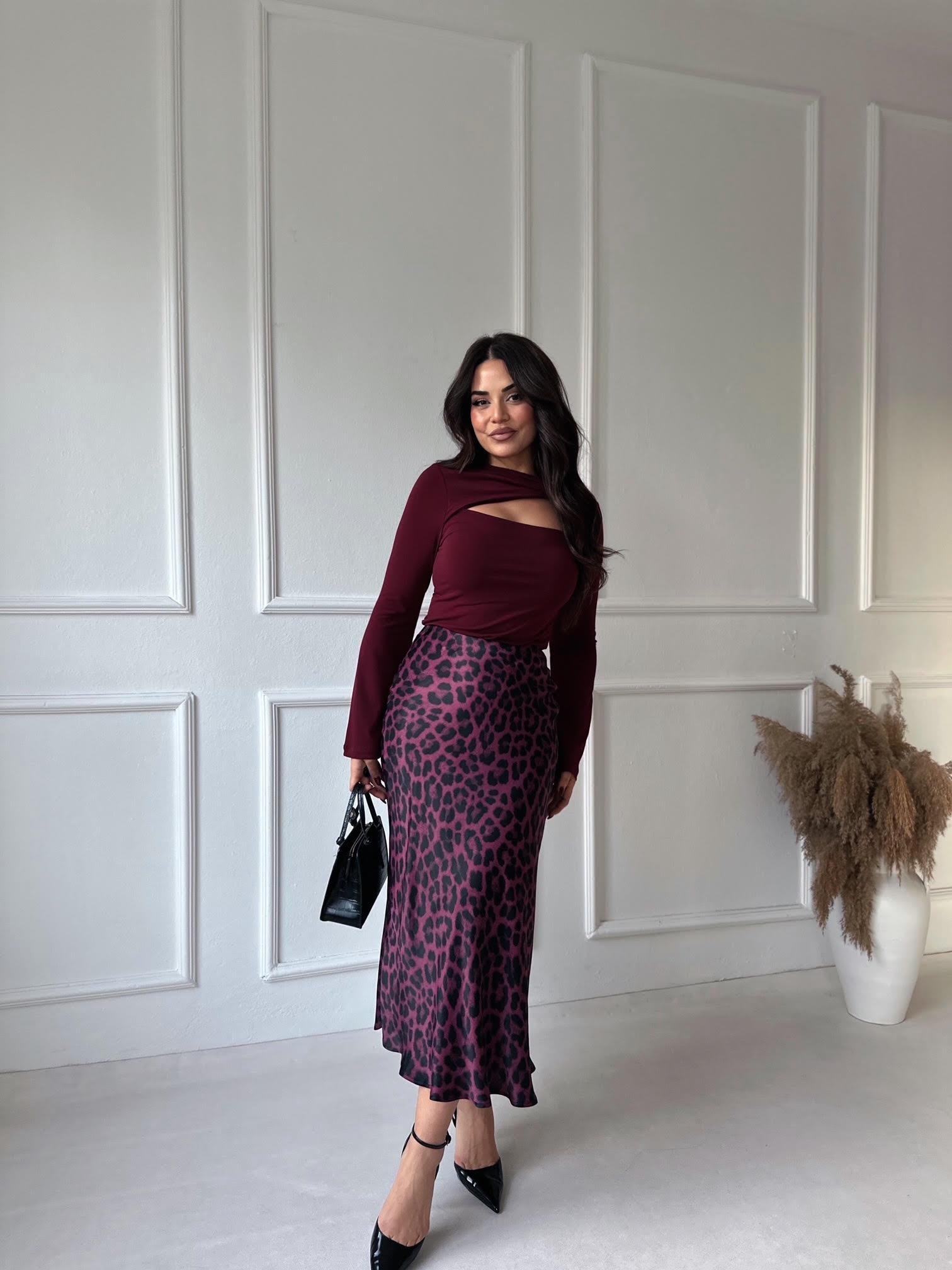 Lüks Kalite Bordo Leopar Desen Midi Saten Etek