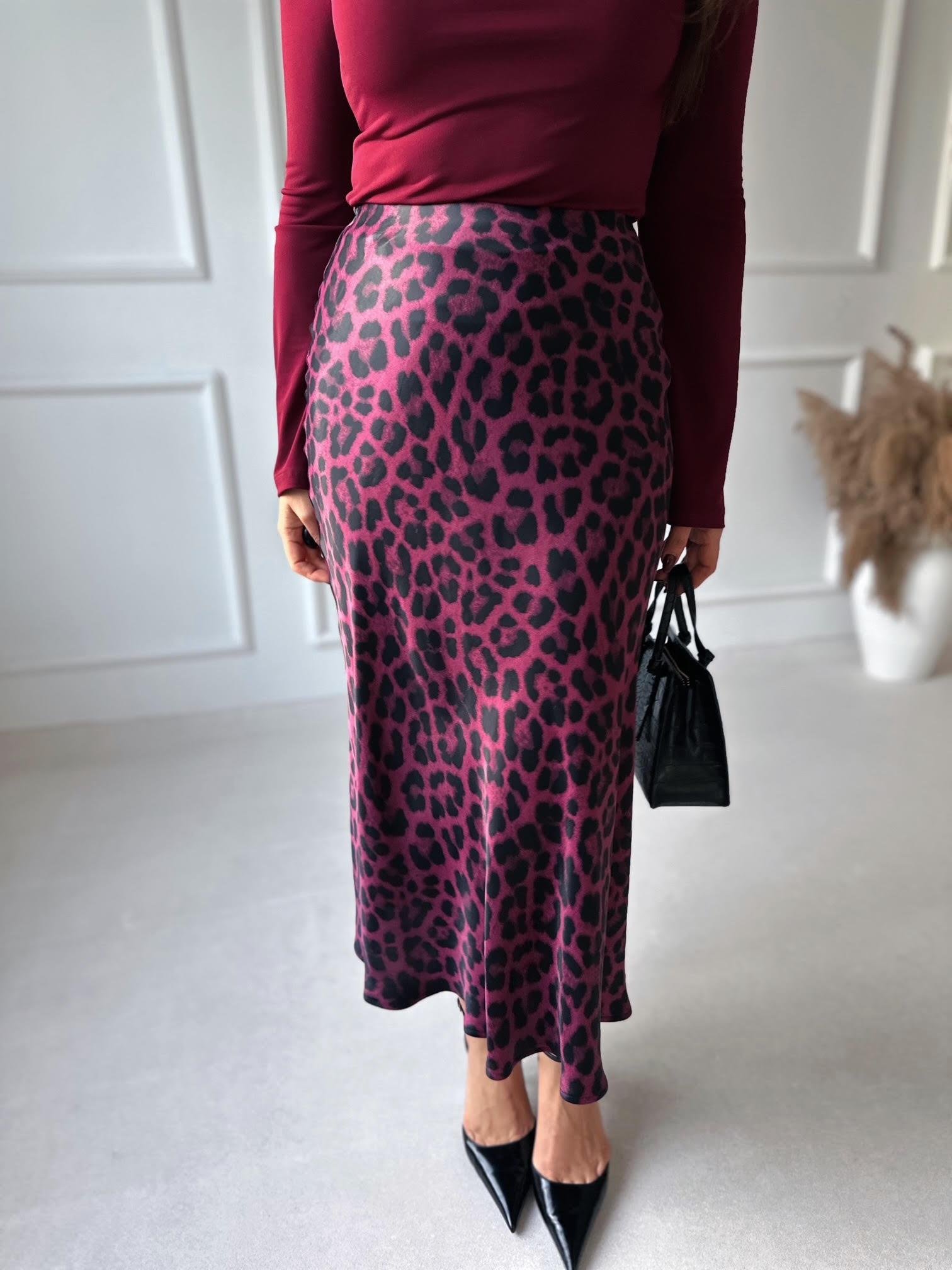 Lüks Kalite Bordo Leopar Desen Midi Saten Etek