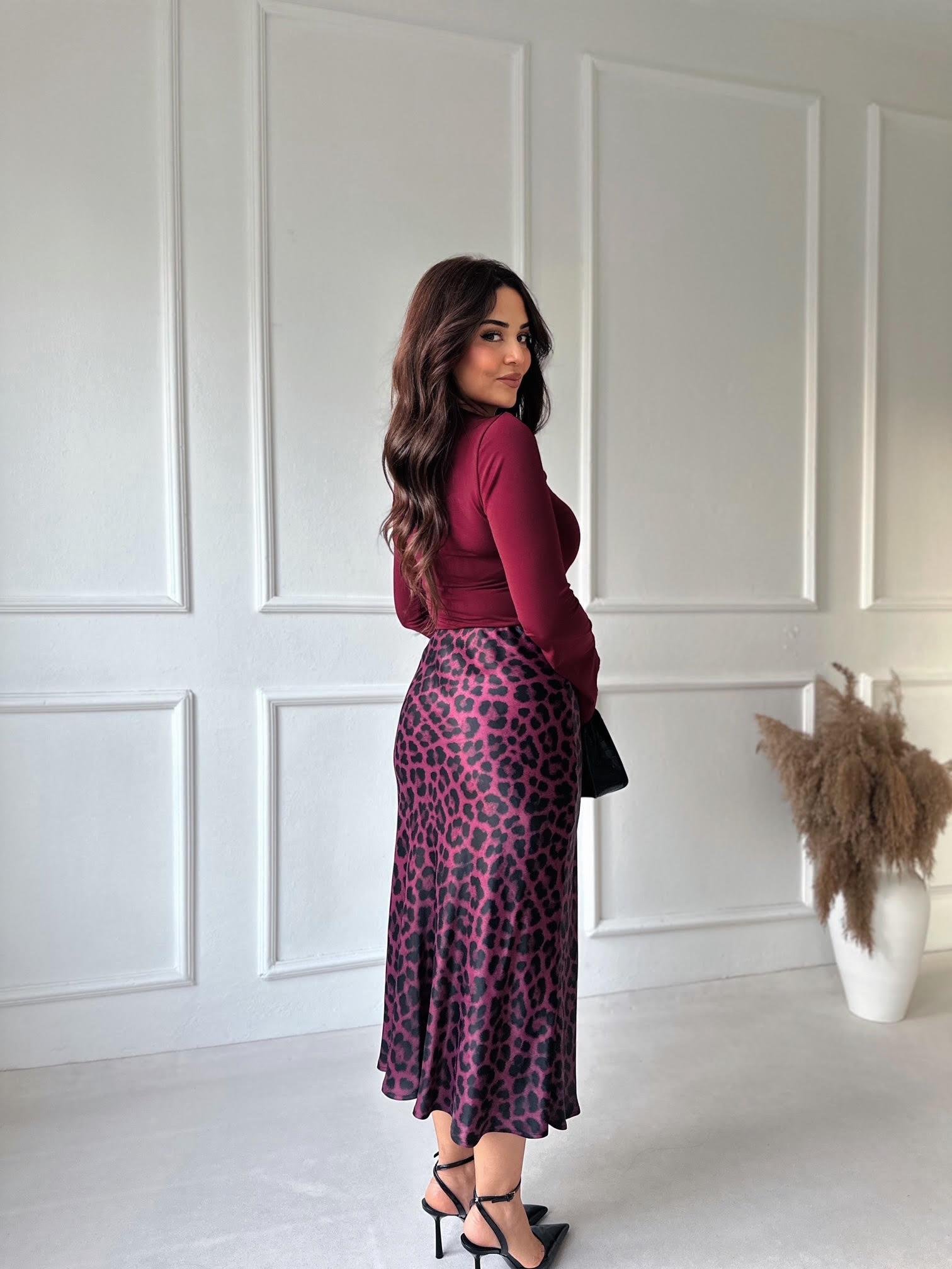 Lüks Kalite Bordo Leopar Desen Midi Saten Etek