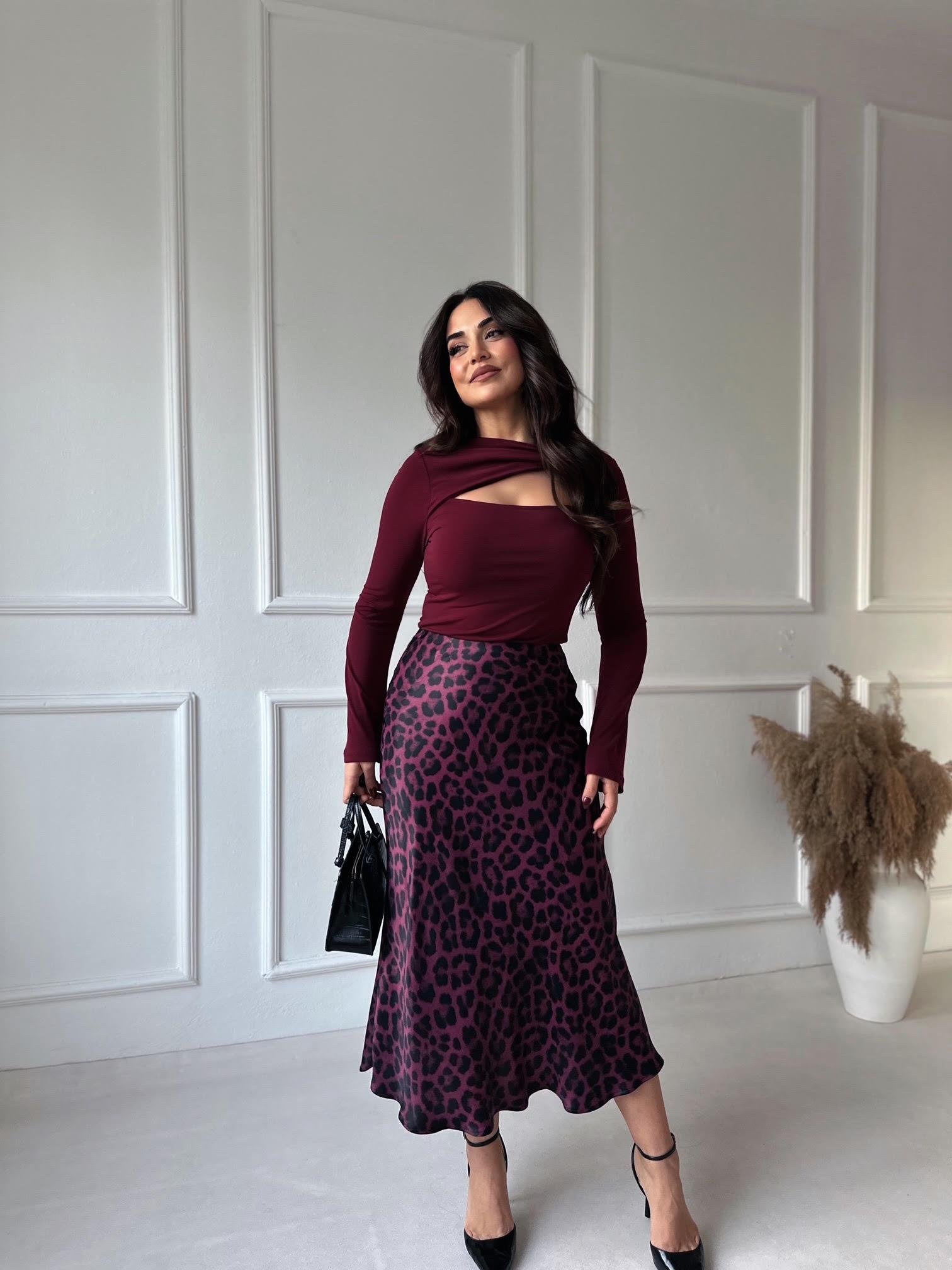 Lüks Kalite Bordo Leopar Desen Midi Saten Etek