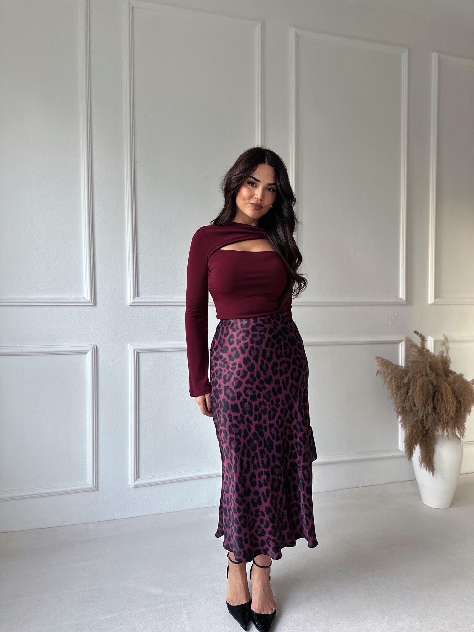 Lüks Kalite Bordo Leopar Desen Midi Saten Etek