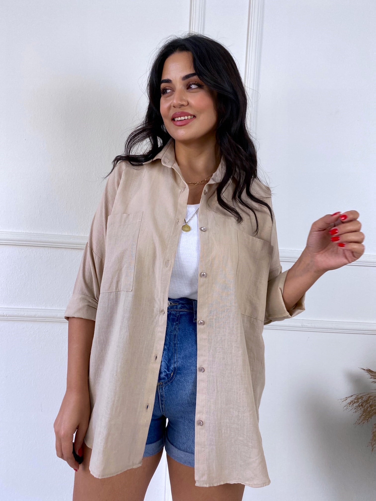 Lüks Kalite Çift Cepli Bej Keten Gömlek | Nora Butik