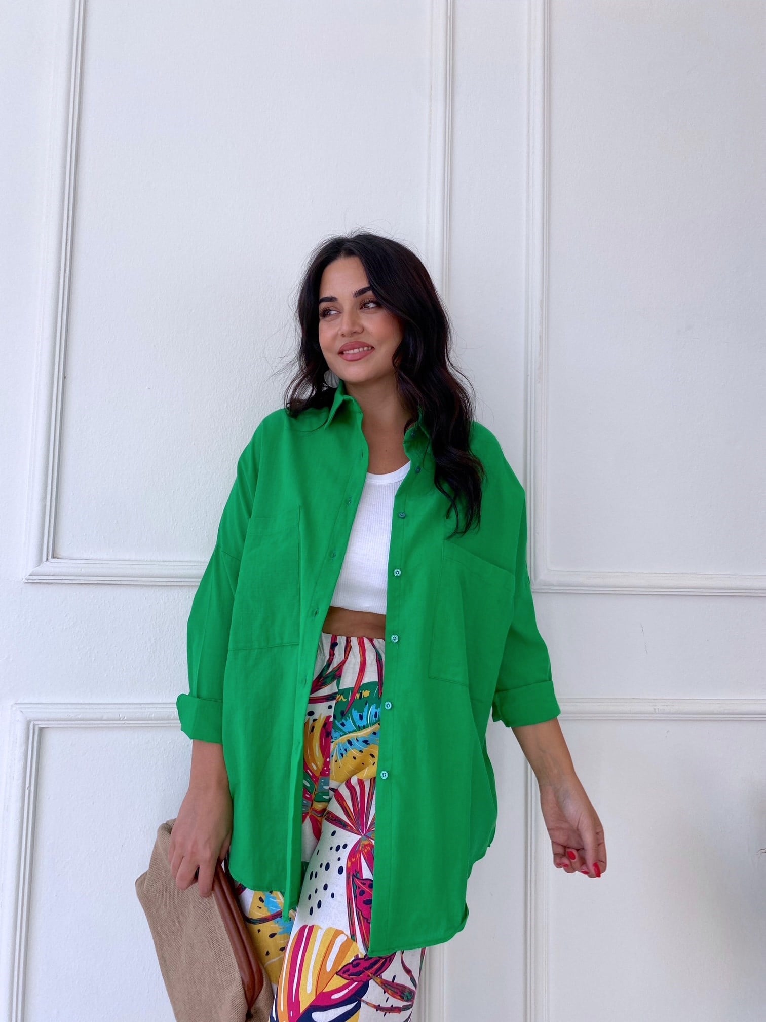 Lüks Kalite Çift Cepli Canlı Yeşil Keten Gömlek | Nora Butik