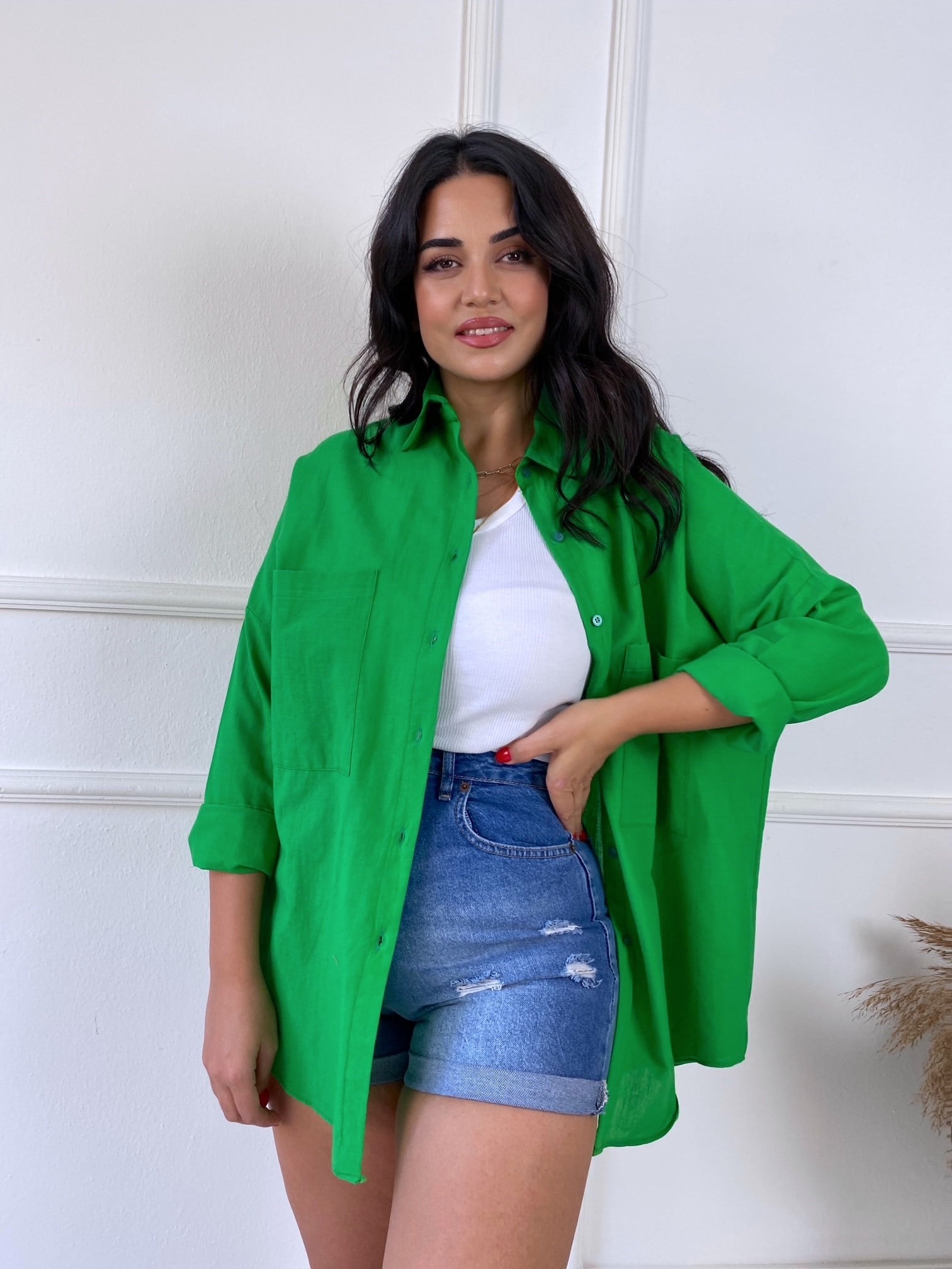 Lüks Kalite Çift Cepli Canlı Yeşil Keten Gömlek | Nora Butik