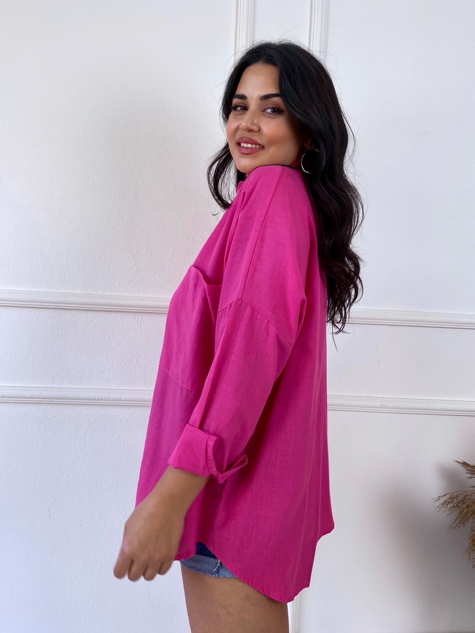 Lüks Kalite Çift Cepli Fuşya Keten Gömlek | Nora Butik