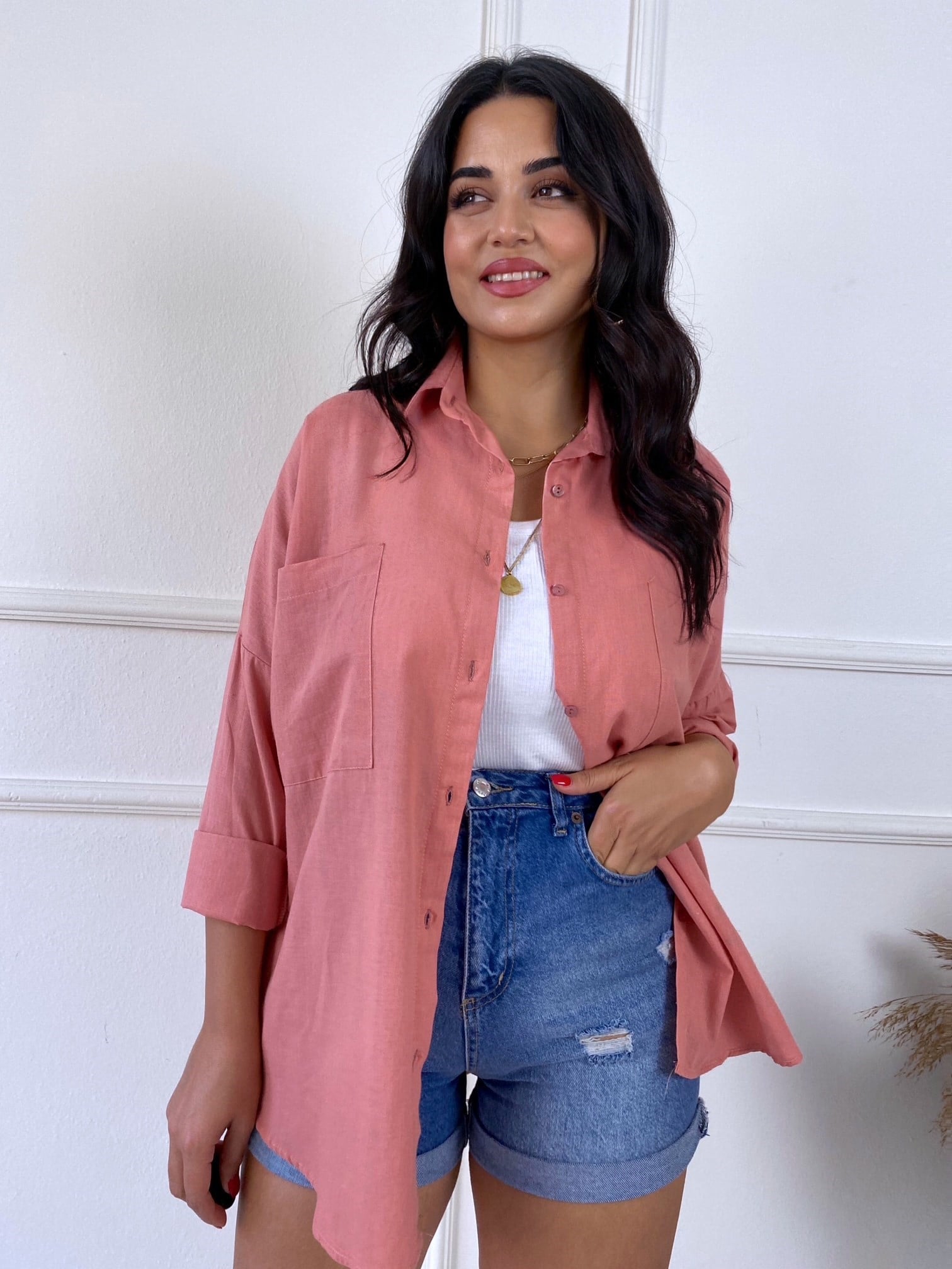 Lüks Kalite Çift  Cepli Gül Kurusu Keten Gömlek | Nora Butik