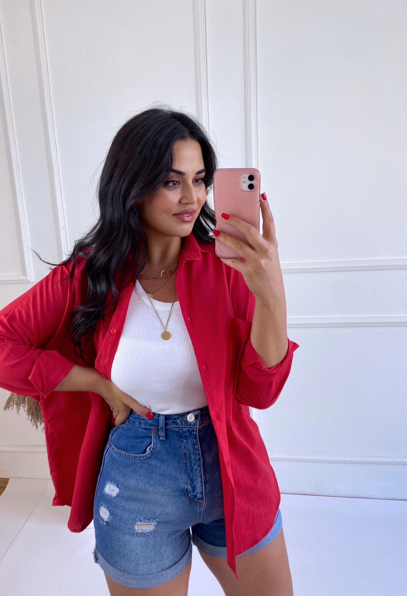 Lüks Kalite Çift Cepli Kırmızı Keten Gömlek | Nora Butik