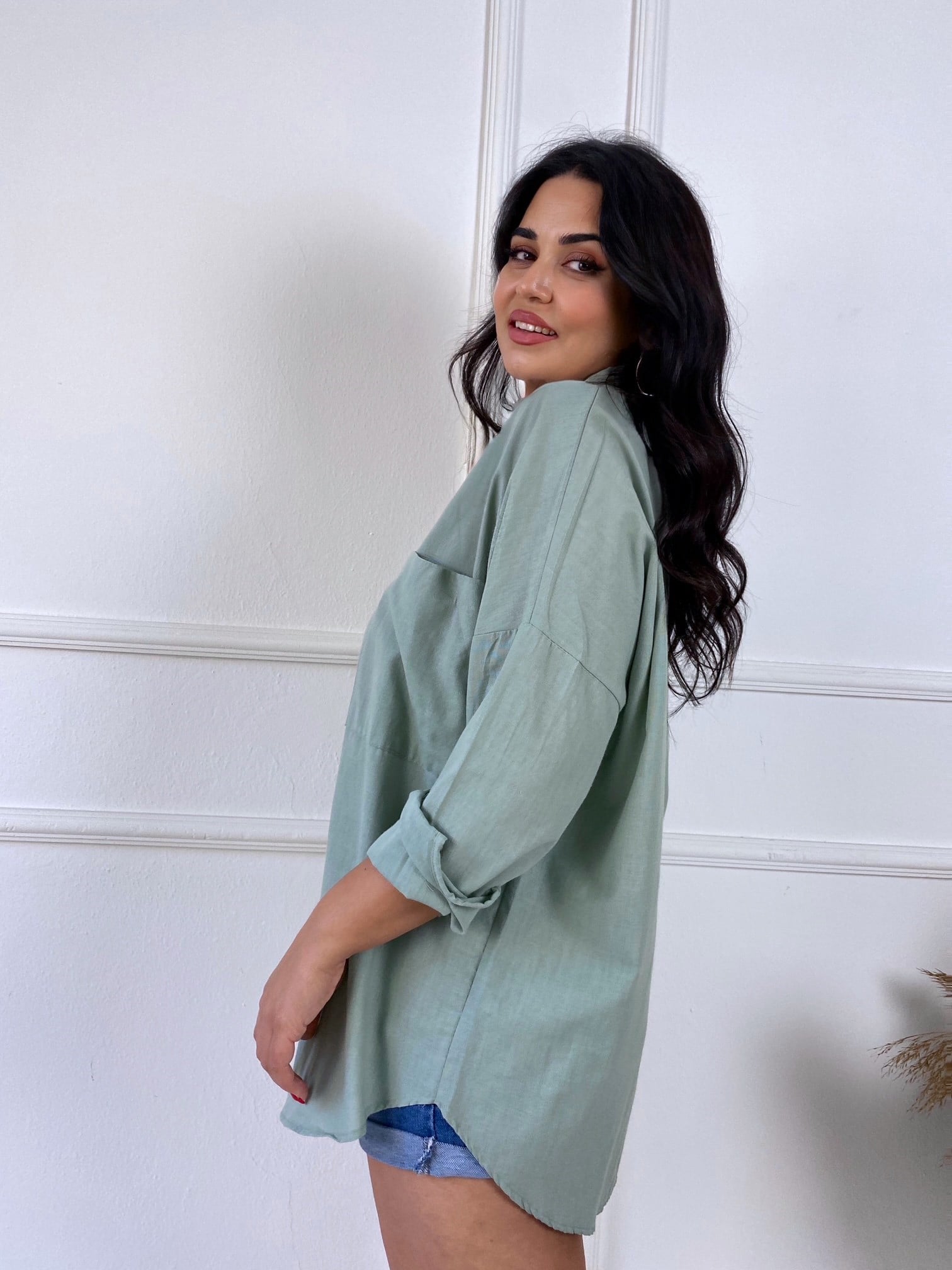 Lüks Kalite Çift Cepli Su Yeşili Keten Gömlek | Nora Butik