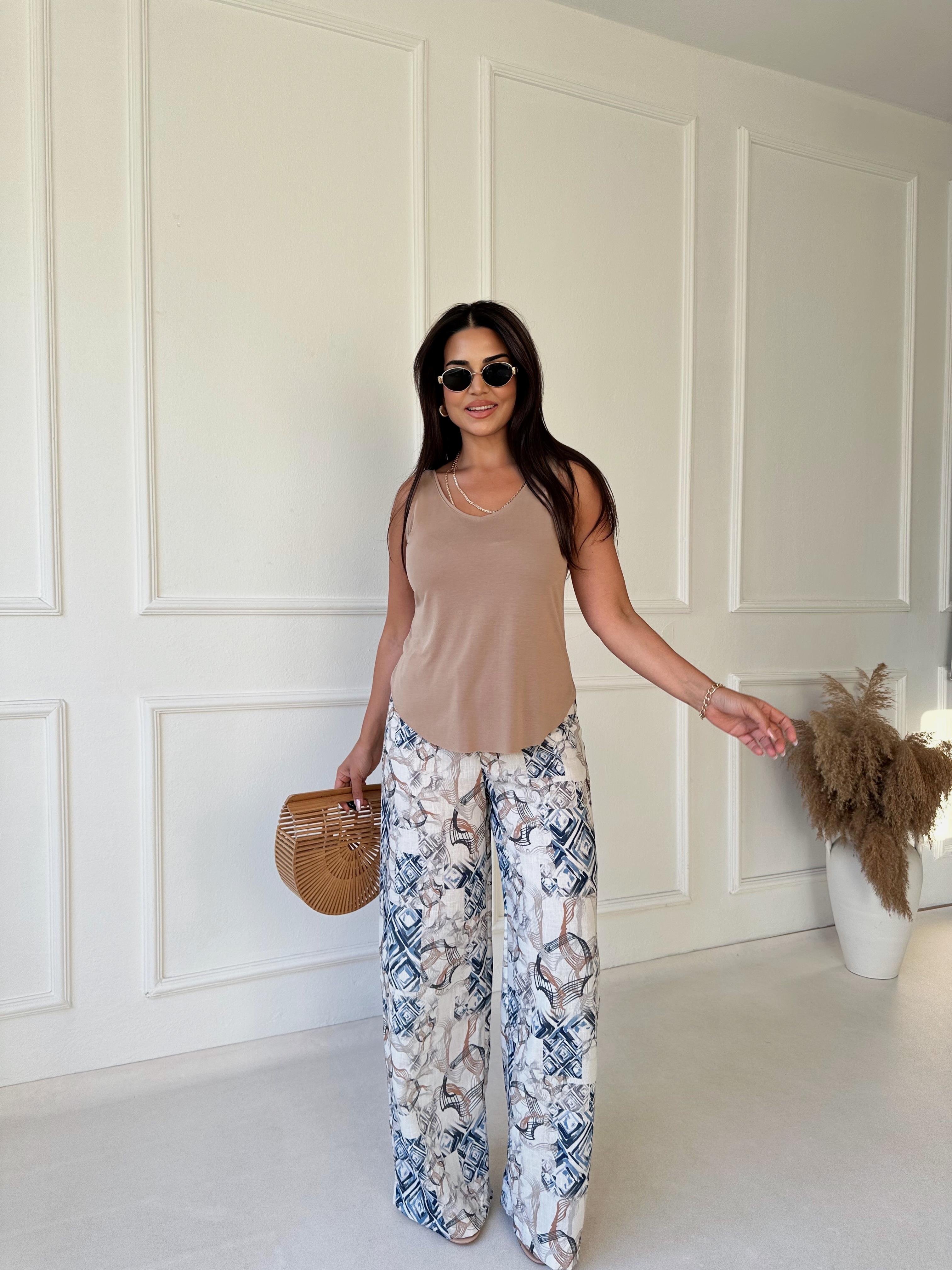 Lüks Kalite Desenli Bol Paça Keten Pantolon