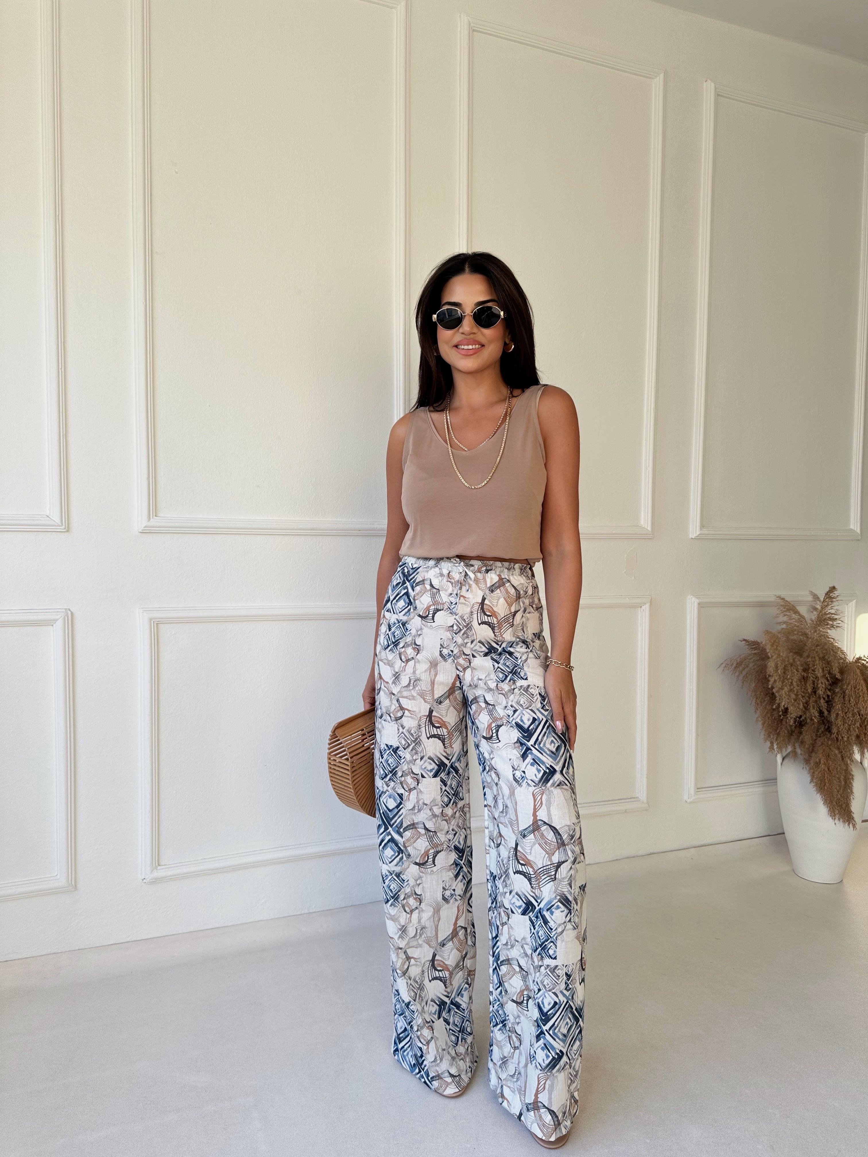 Lüks Kalite Desenli Bol Paça Keten Pantolon