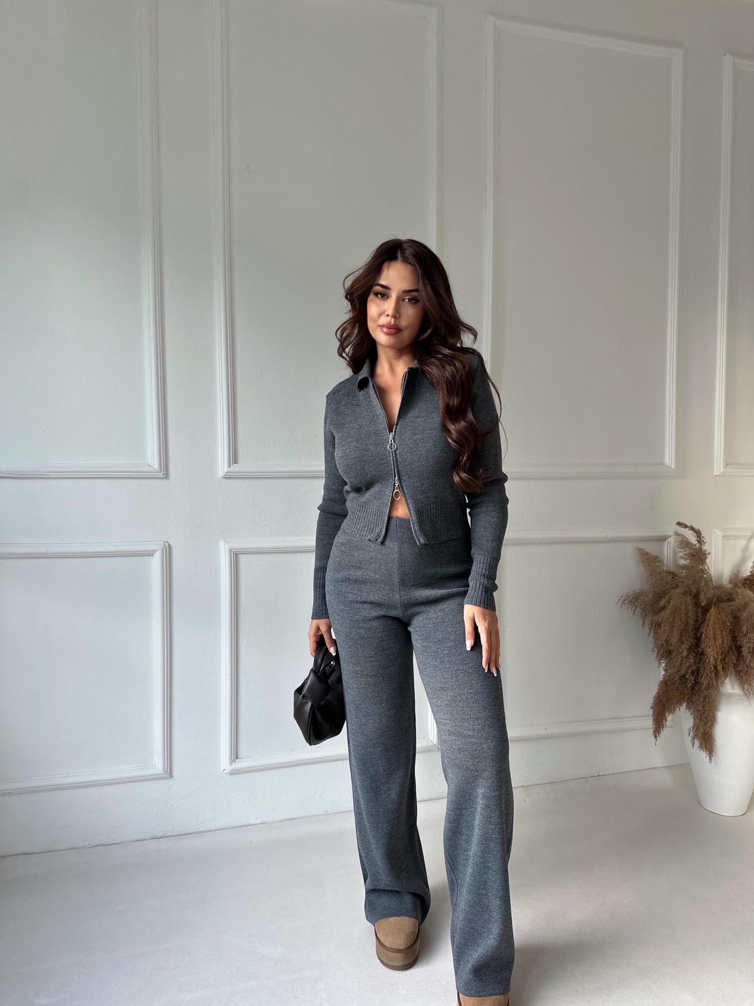 Lüks Kalite Fermuarlı Antrasit Ceket Pantolon Triko Takım 