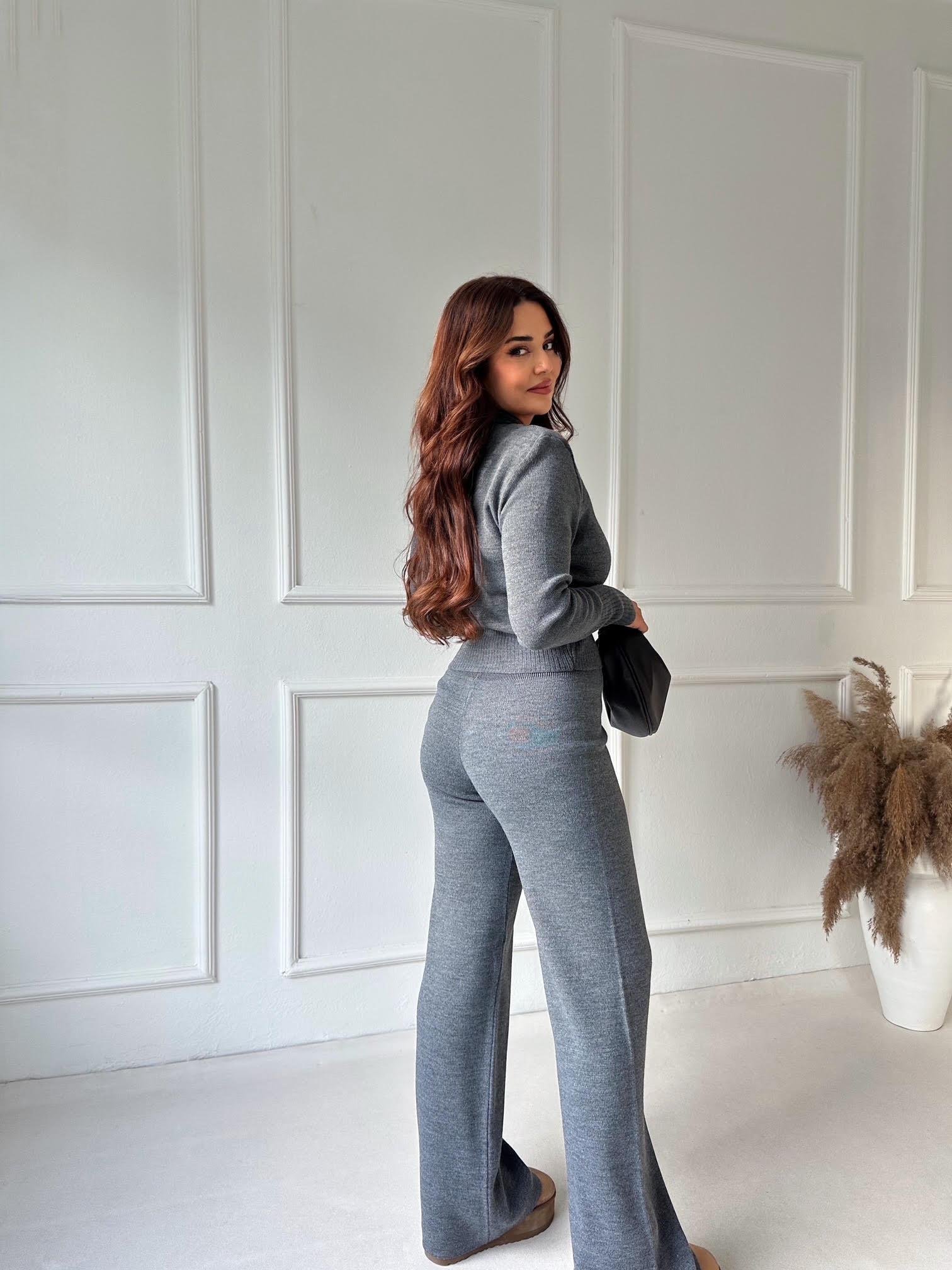 Lüks Kalite Fermuarlı Antrasit Ceket Pantolon Triko Takım 