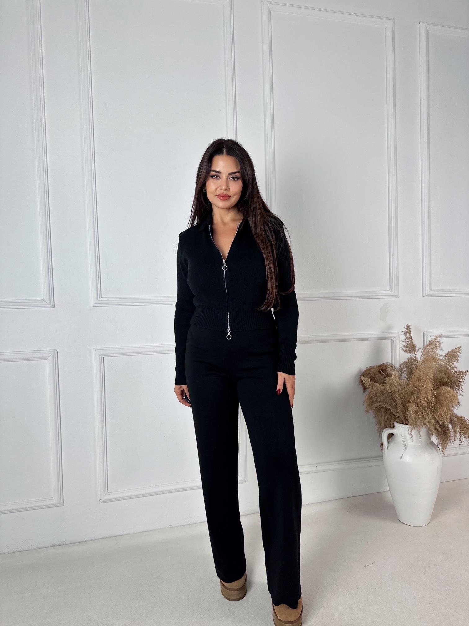 Lüks Kalite Fermuarlı Siyah Ceket Pantolon Triko Takım 