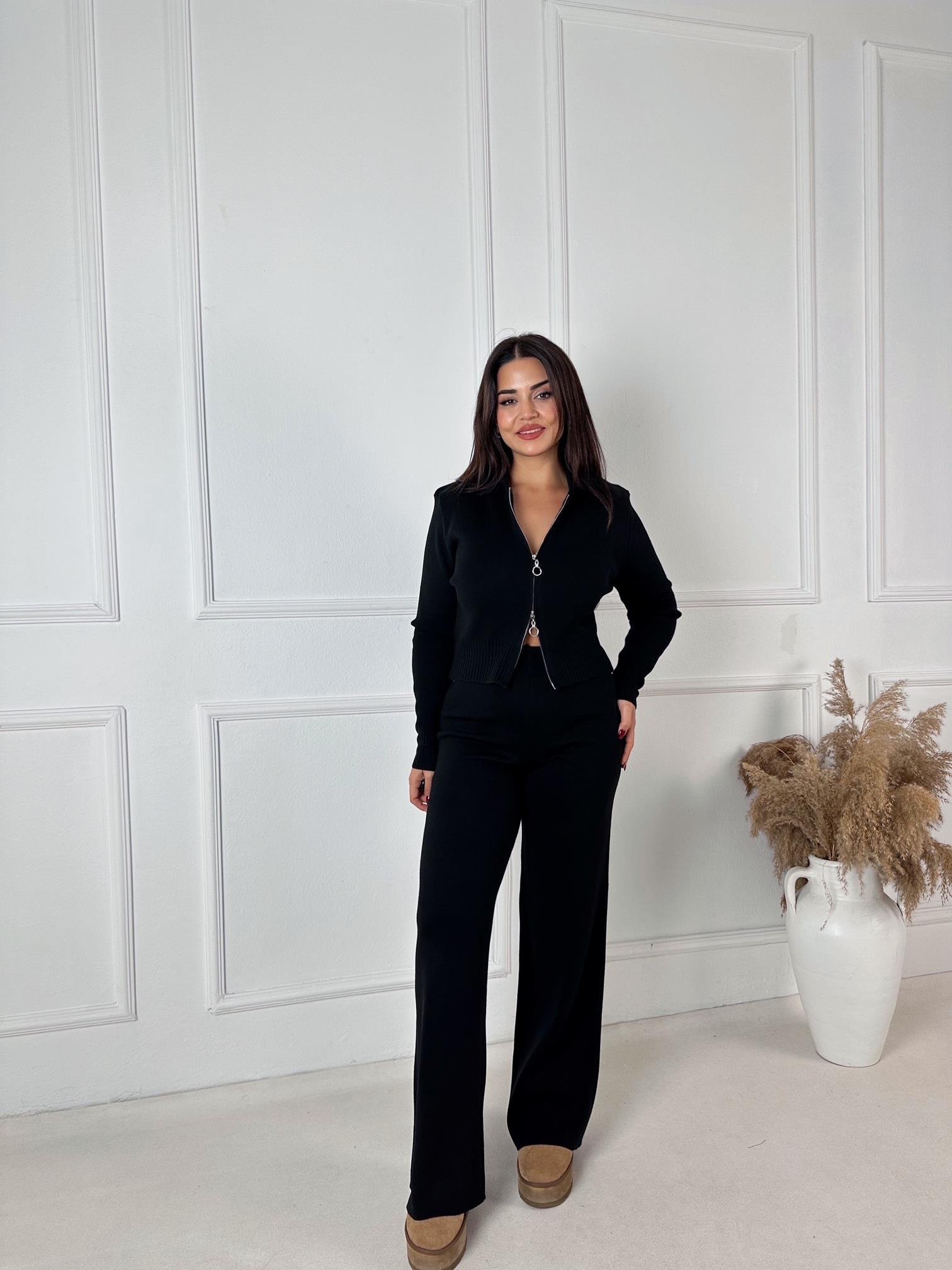 Lüks Kalite Fermuarlı Siyah Ceket Pantolon Triko Takım 