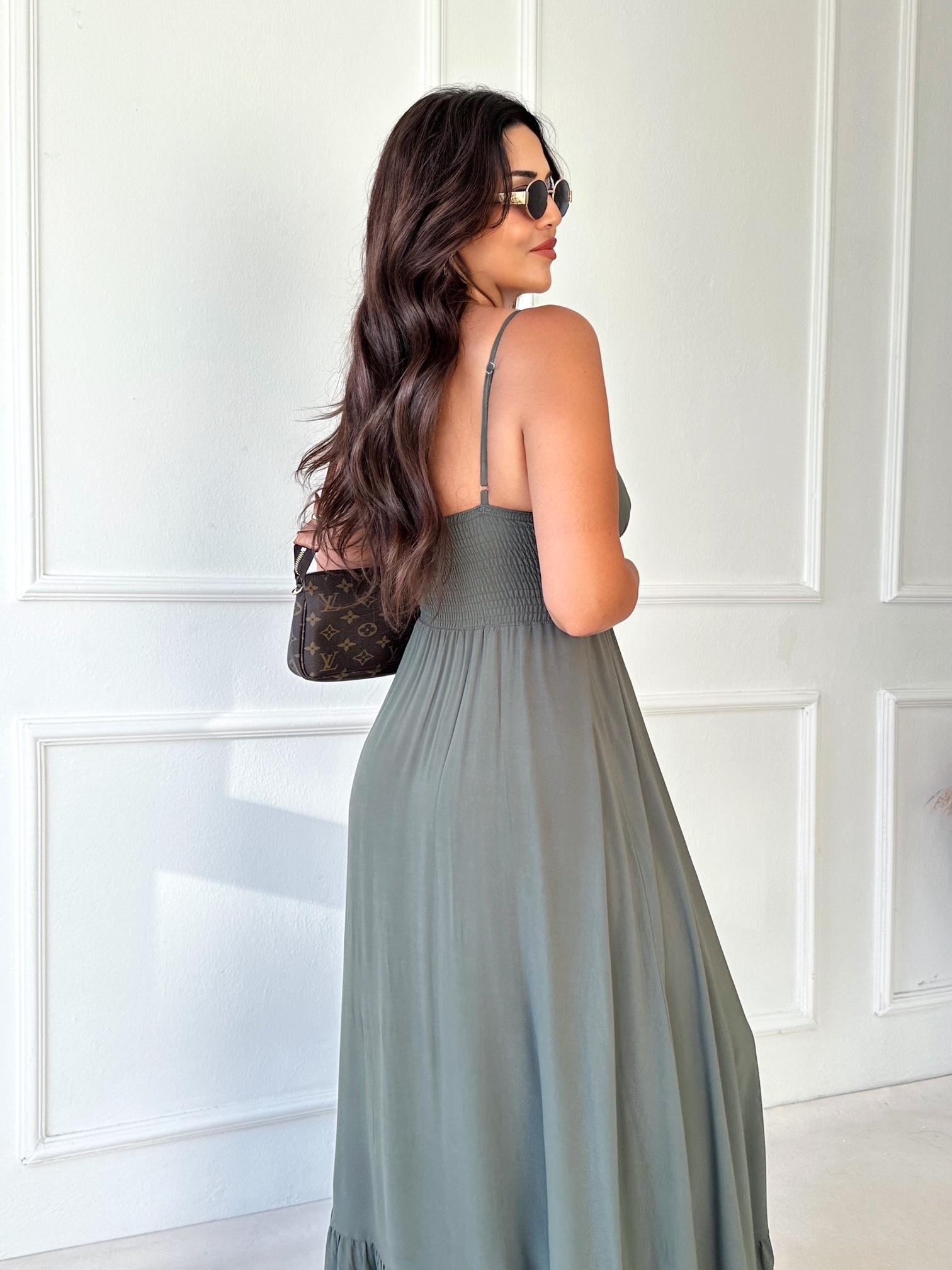 Lüks Kalite Haki Maksi Elbise - Nora Butik