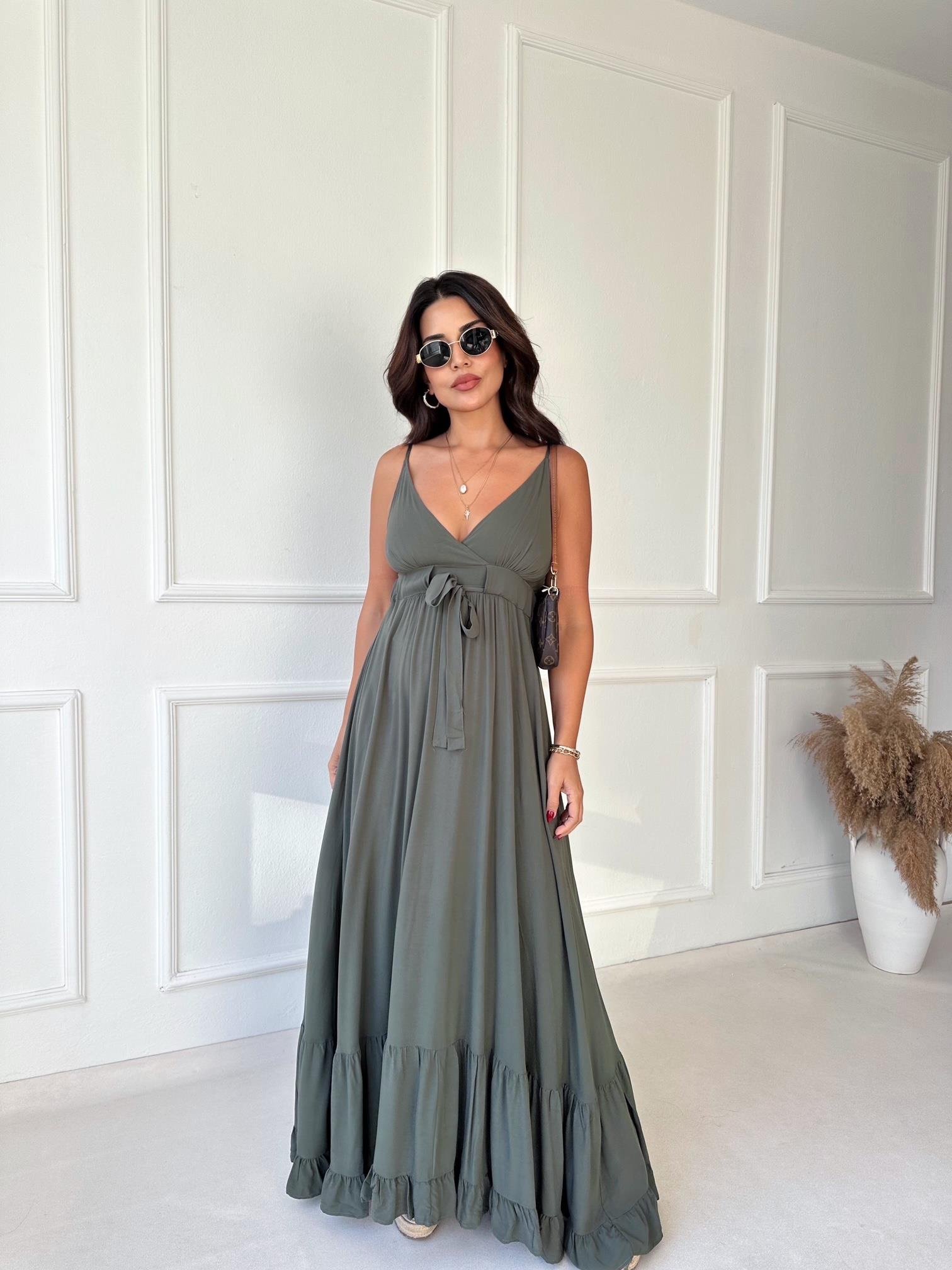 Lüks Kalite Haki Maksi Elbise - Nora Butik