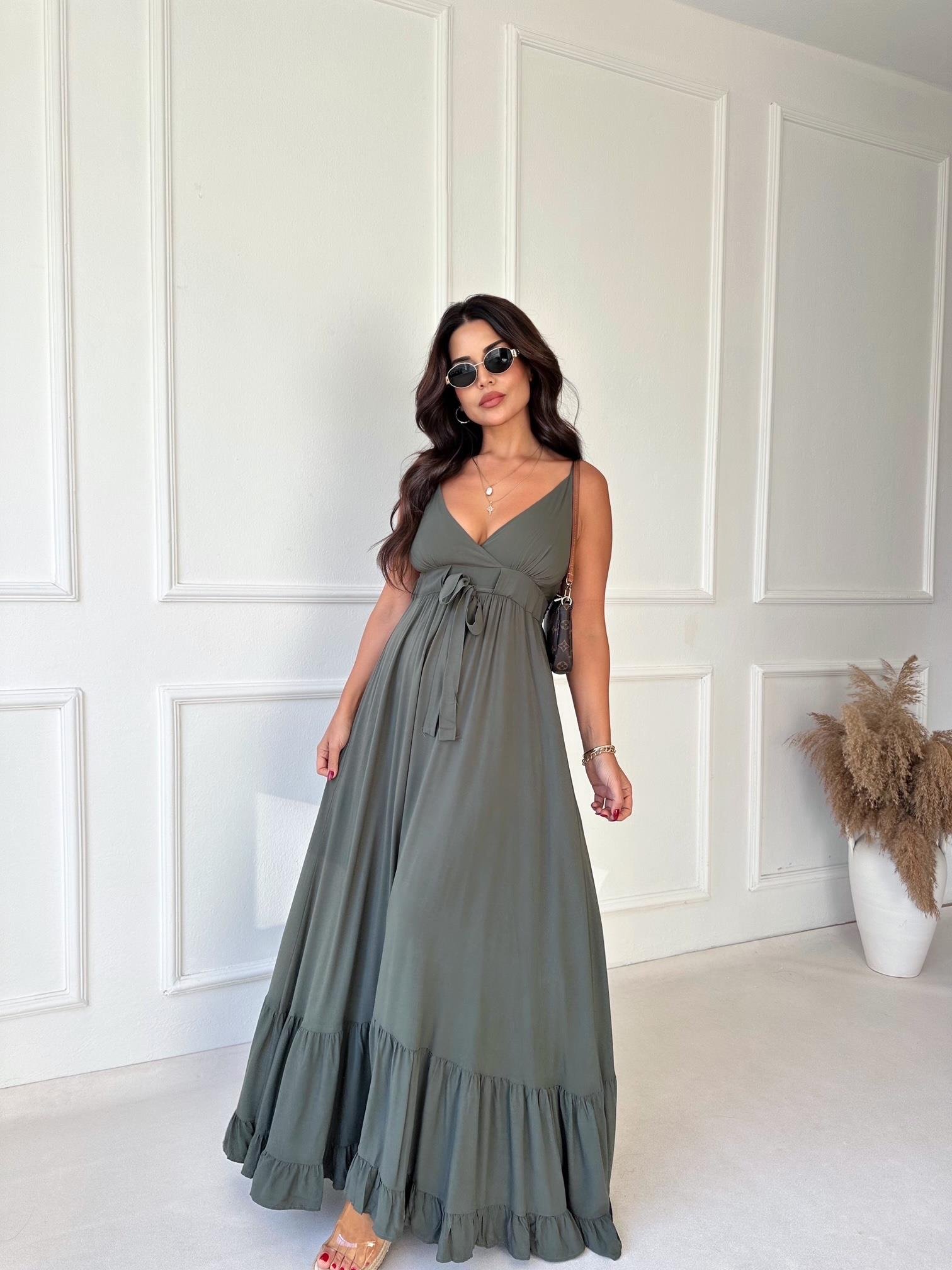 Lüks Kalite Haki Maksi Elbise - Nora Butik