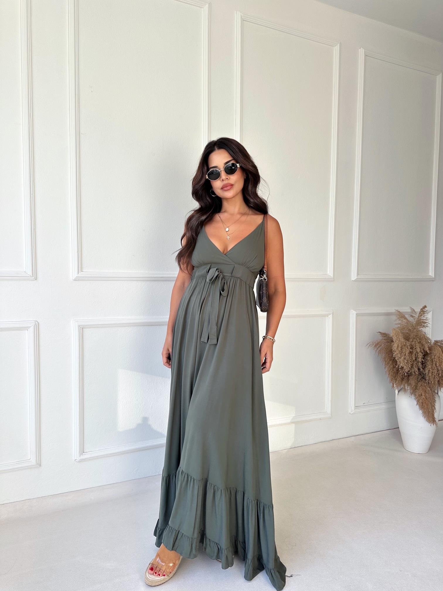 Lüks Kalite Haki Maksi Elbise - Nora Butik