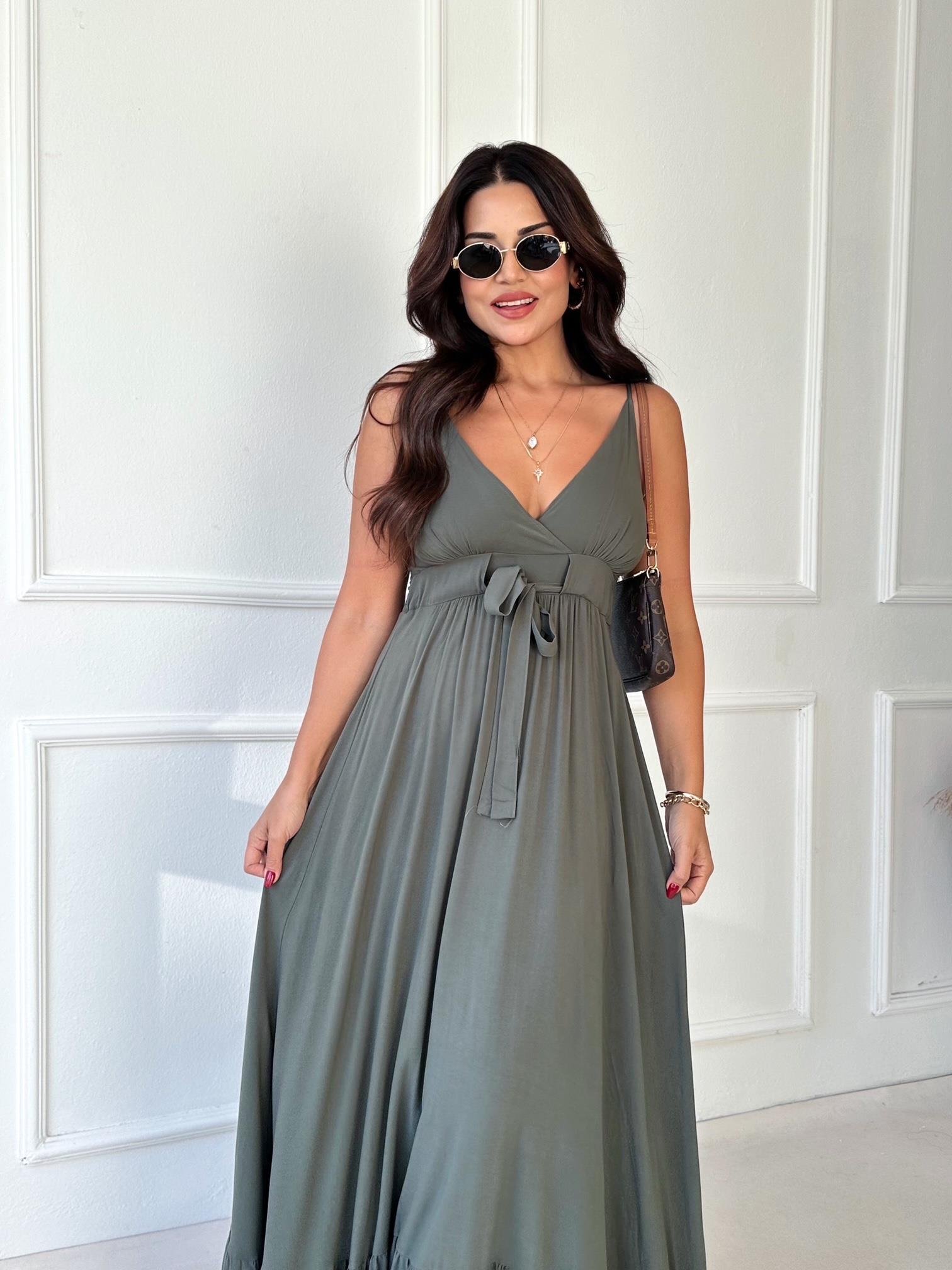 Lüks Kalite Haki Maksi Elbise - Nora Butik