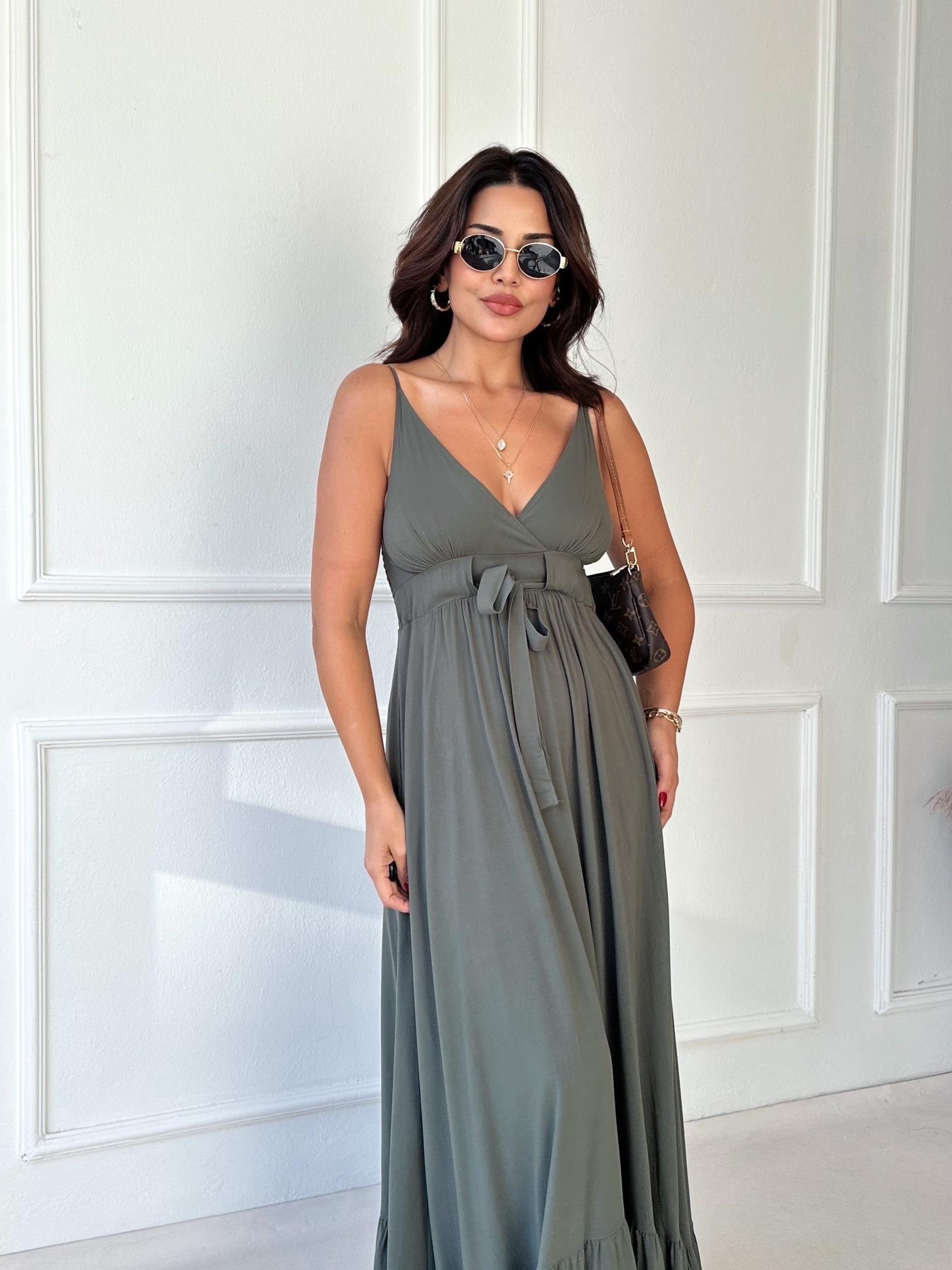 Lüks Kalite Haki Maksi Elbise - Nora Butik