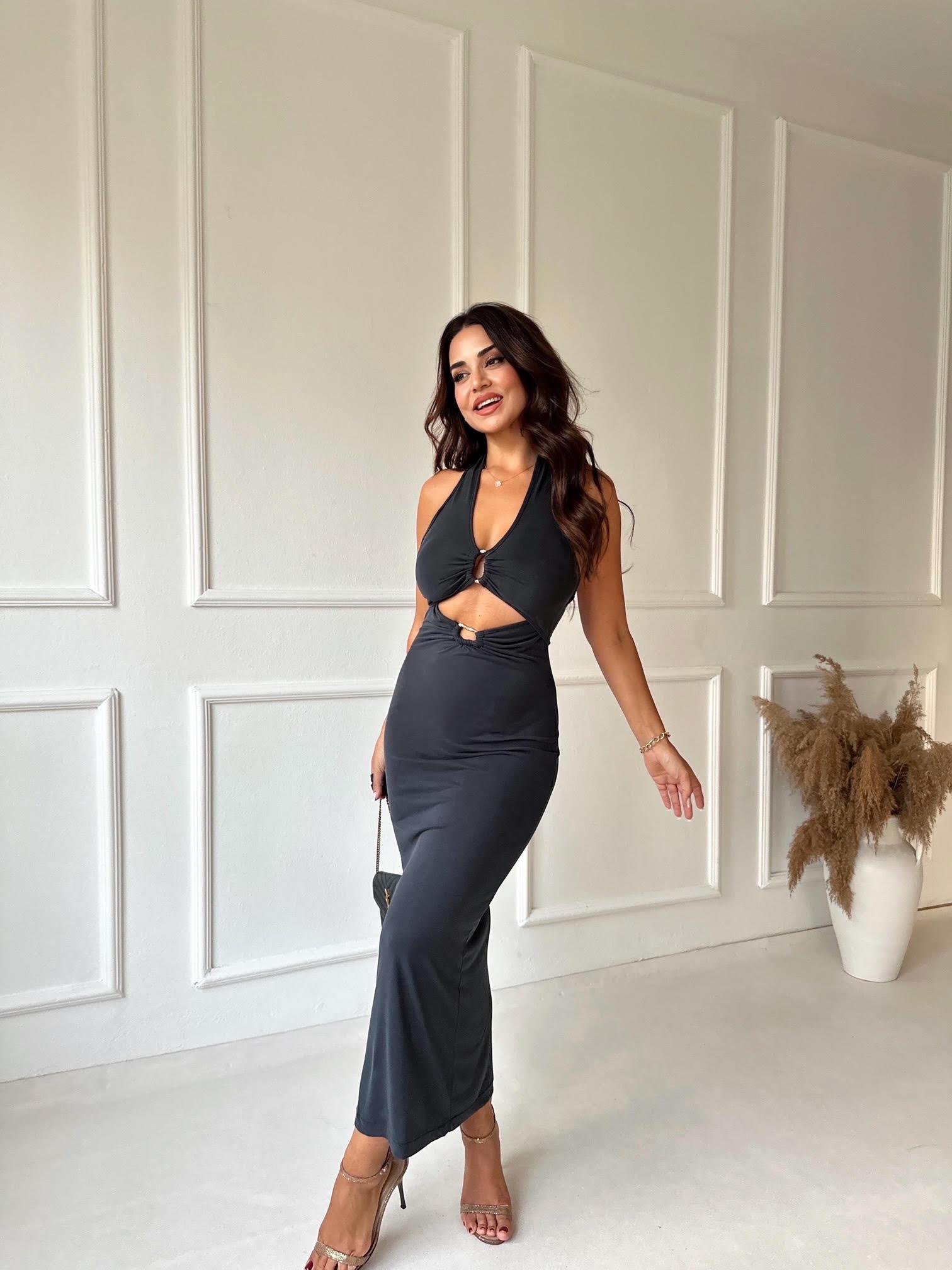 Lüks Kalite Halter Yaka Dekolteli Maksi Elbise