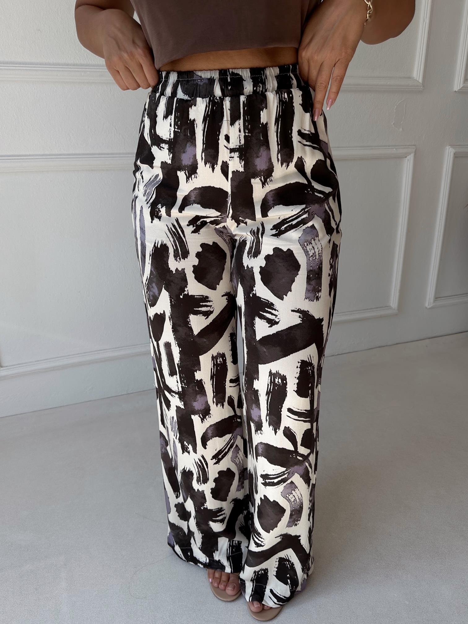 Lüks Kalite Kahve Desenli Bol Paşa Viskon Pantolon