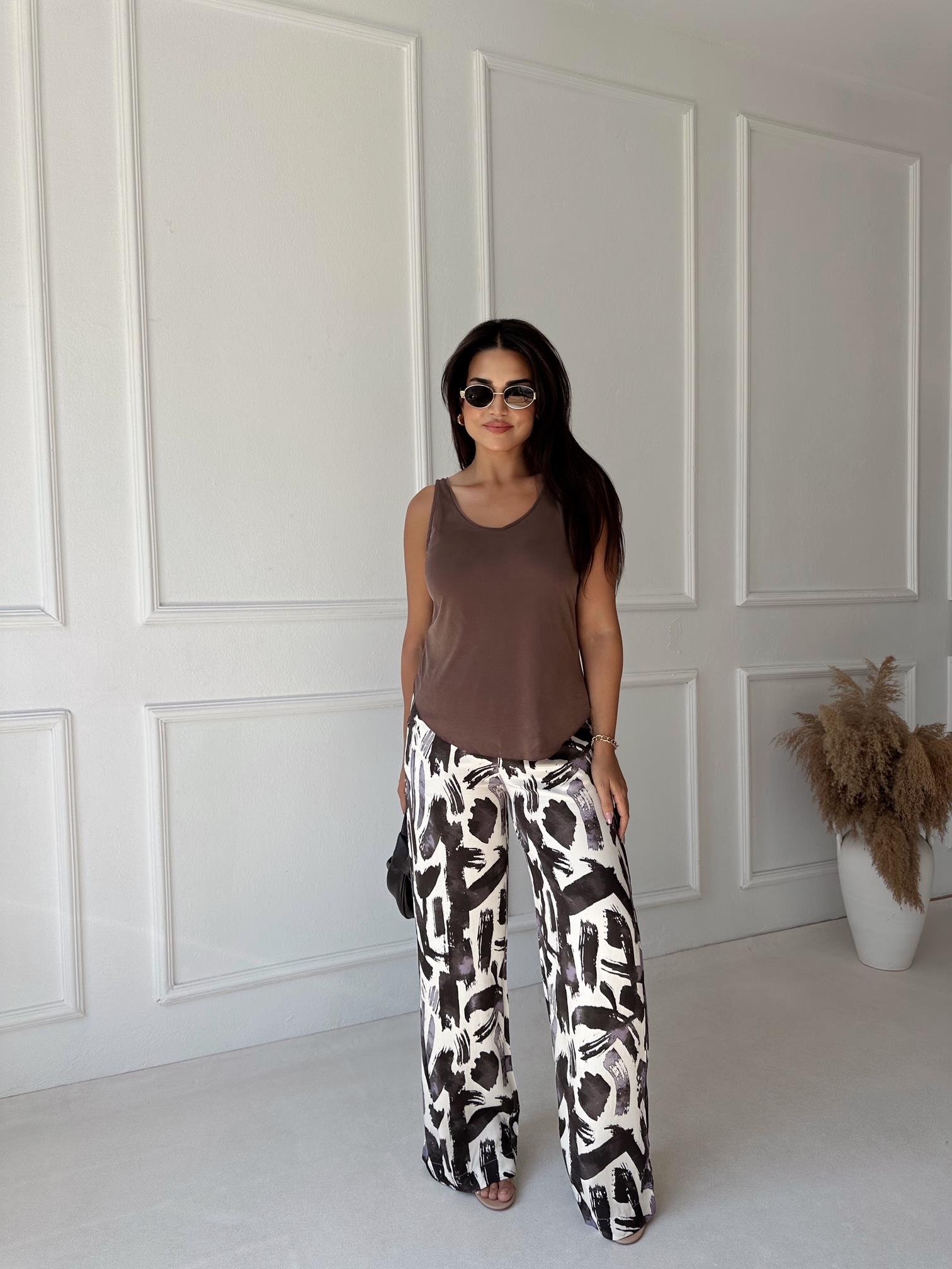 Lüks Kalite Kahve Desenli Bol Paşa Viskon Pantolon