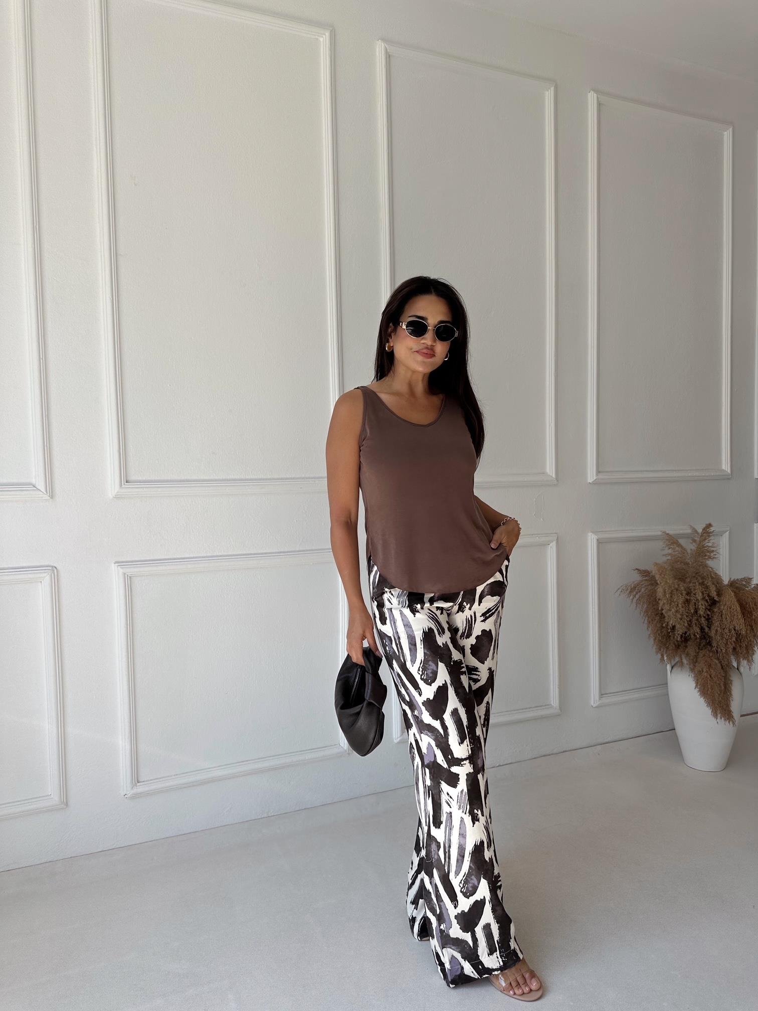 Lüks Kalite Kahve Desenli Bol Paşa Viskon Pantolon