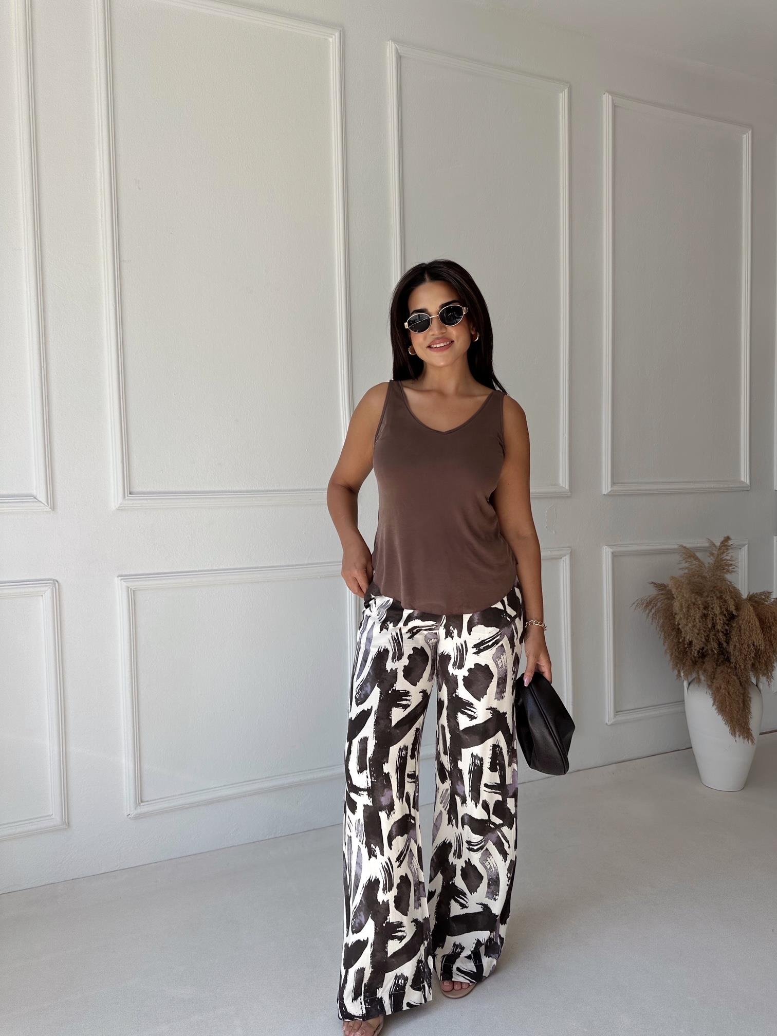 Lüks Kalite Kahve Desenli Bol Paşa Viskon Pantolon