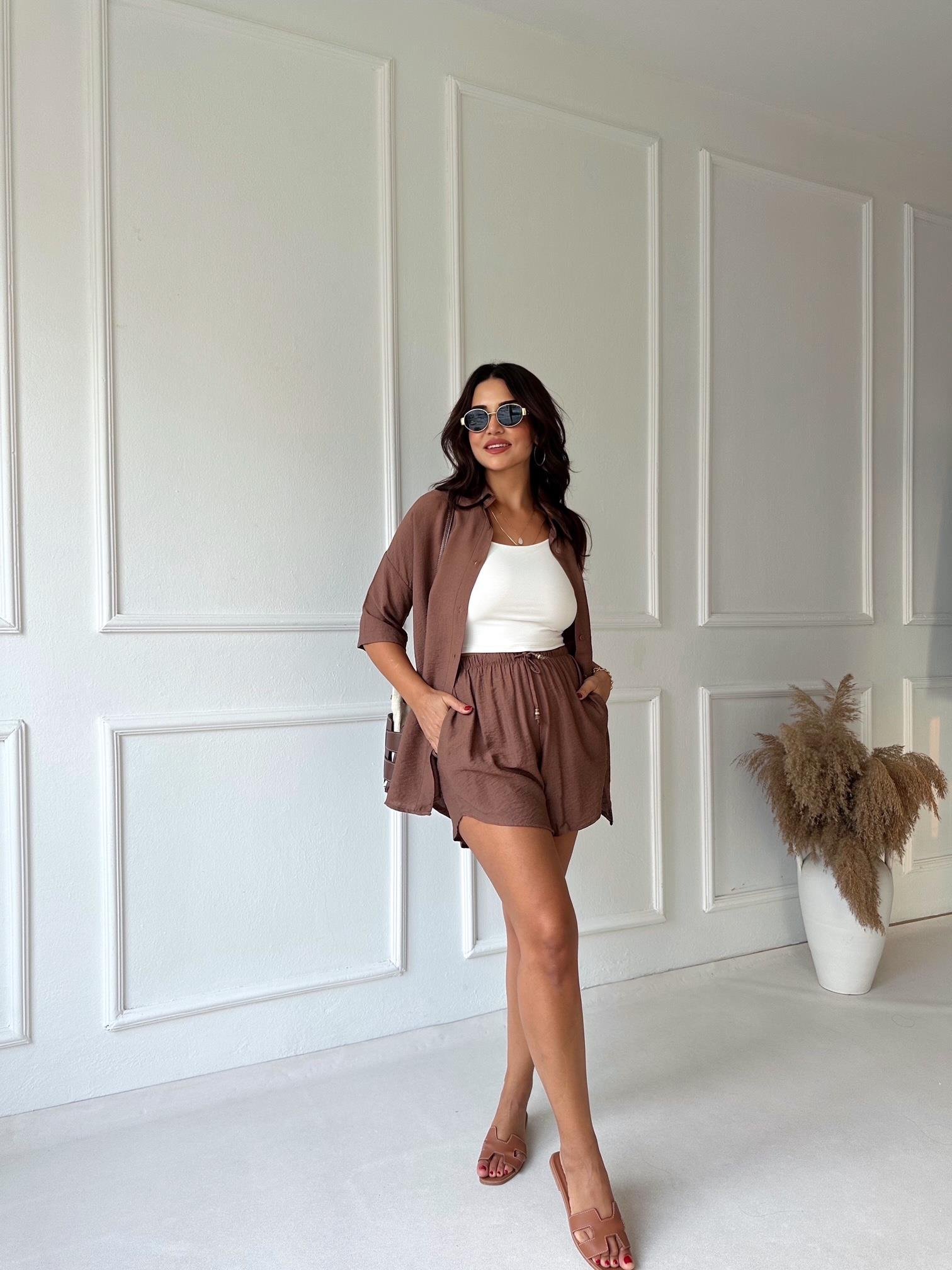 Lüks Kalite Kahve Keten Gömlek Şort Takım