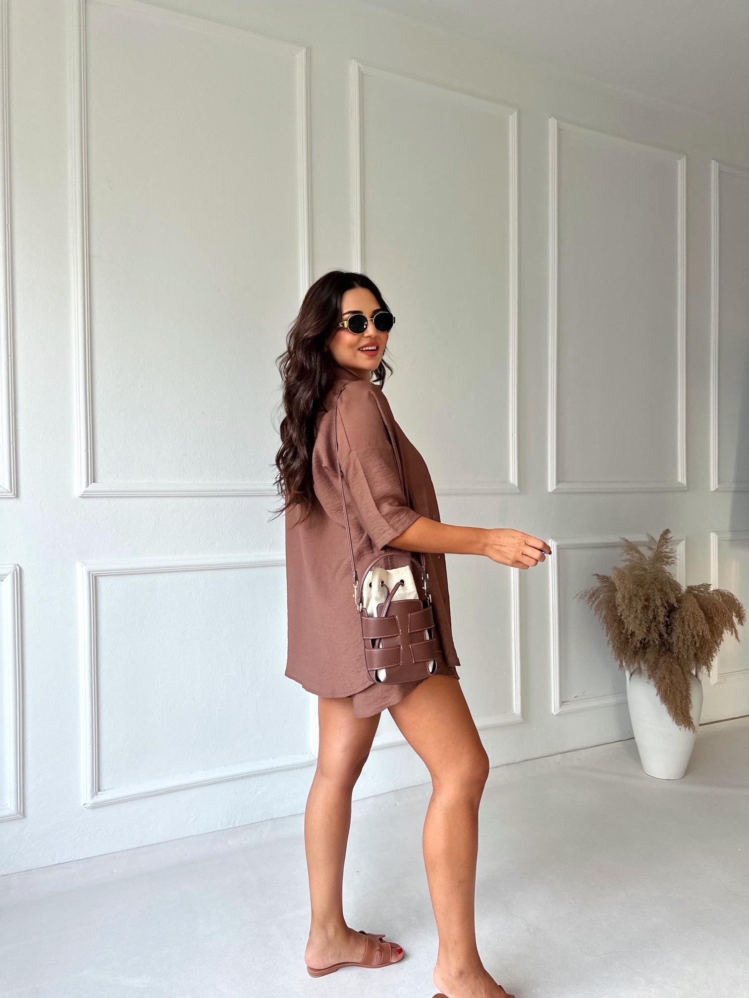 Lüks Kalite Kahve Keten Gömlek Şort Takım