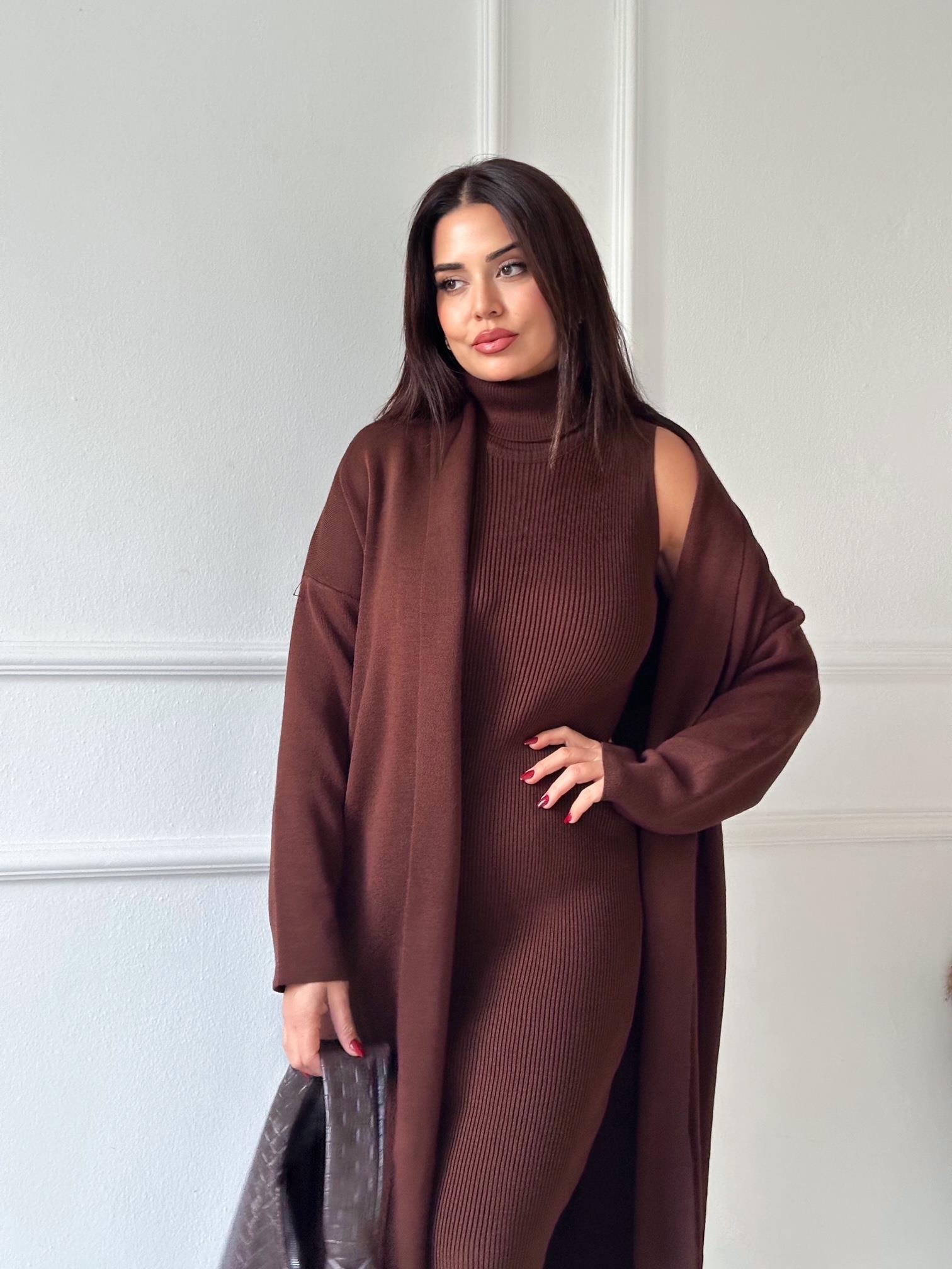 Lüks Kalite Kahve Kolsuz Triko Elbise Ve Hırka Takım | Nora Butik