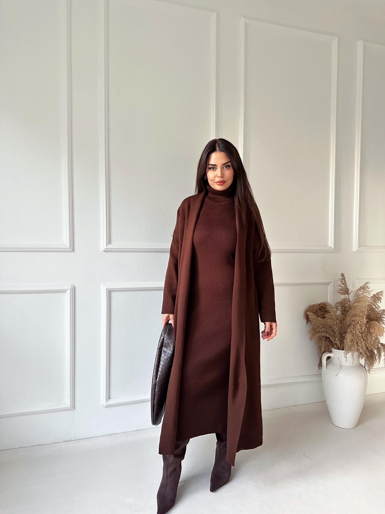 Lüks Kalite Kahve Kolsuz Triko Elbise Ve Hırka Takım | Nora Butik