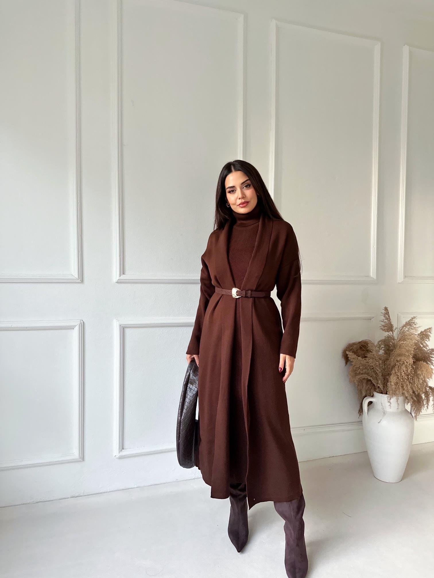 Lüks Kalite Kahve Kolsuz Triko Elbise Ve Hırka Takım | Nora Butik