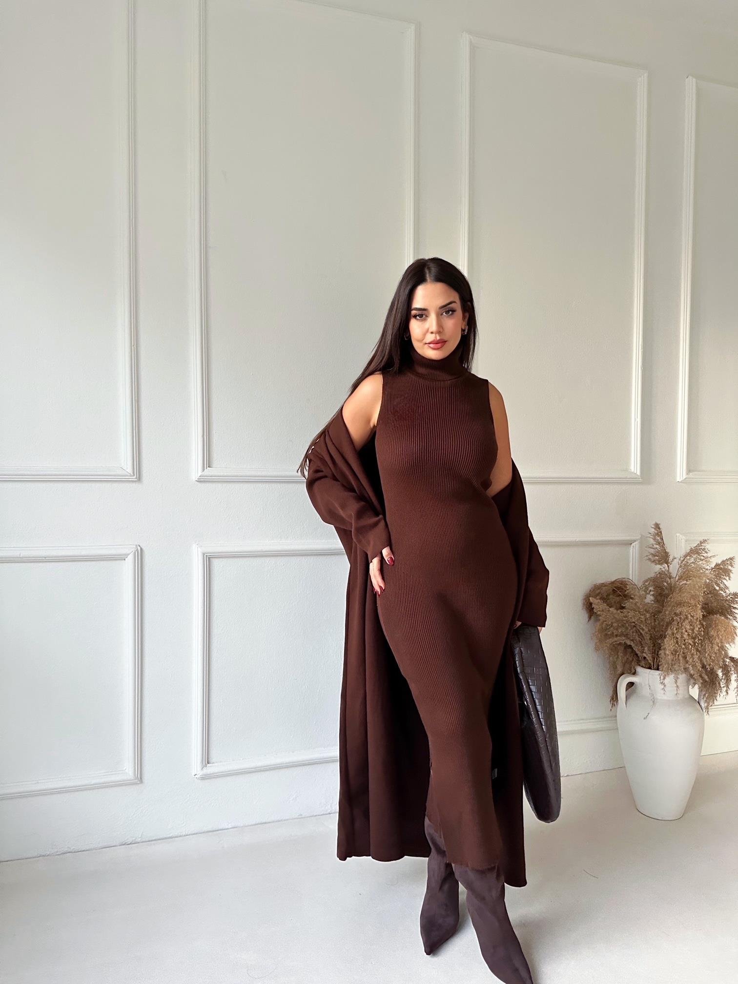 Lüks Kalite Kahve Kolsuz Triko Elbise Ve Hırka Takım | Nora Butik