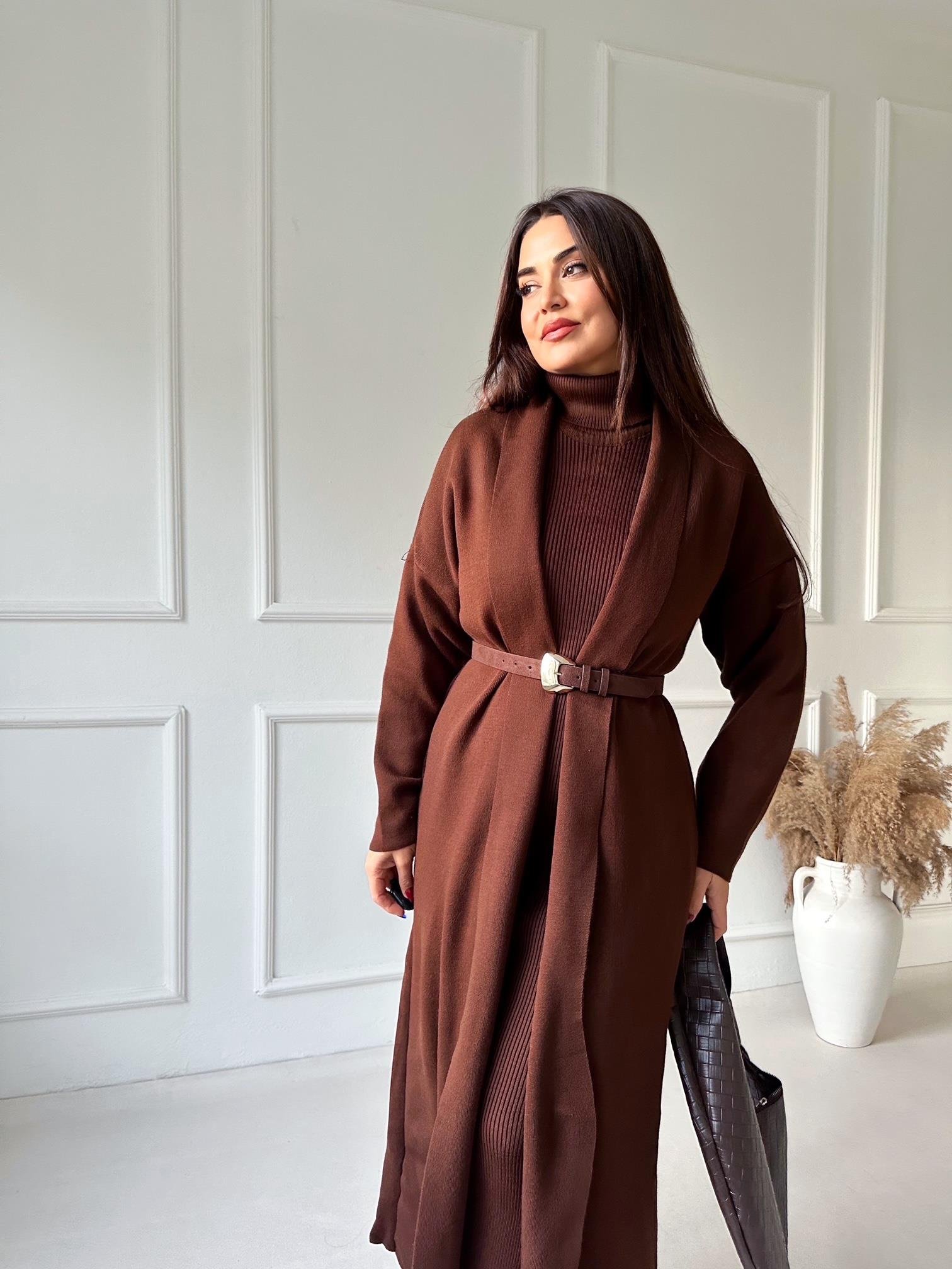 Lüks Kalite Kahve Kolsuz Triko Elbise Ve Hırka Takım | Nora Butik