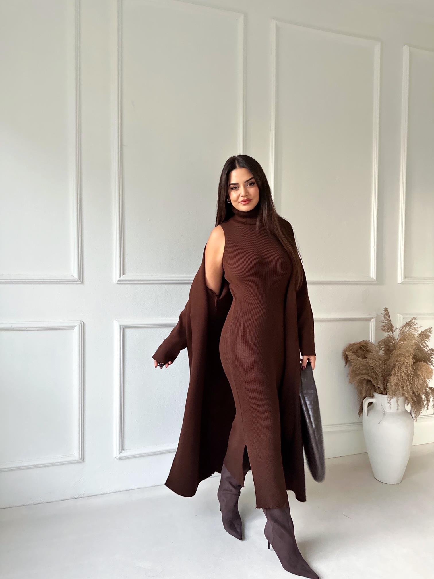 Lüks Kalite Kahve Kolsuz Triko Elbise Ve Hırka Takım | Nora Butik