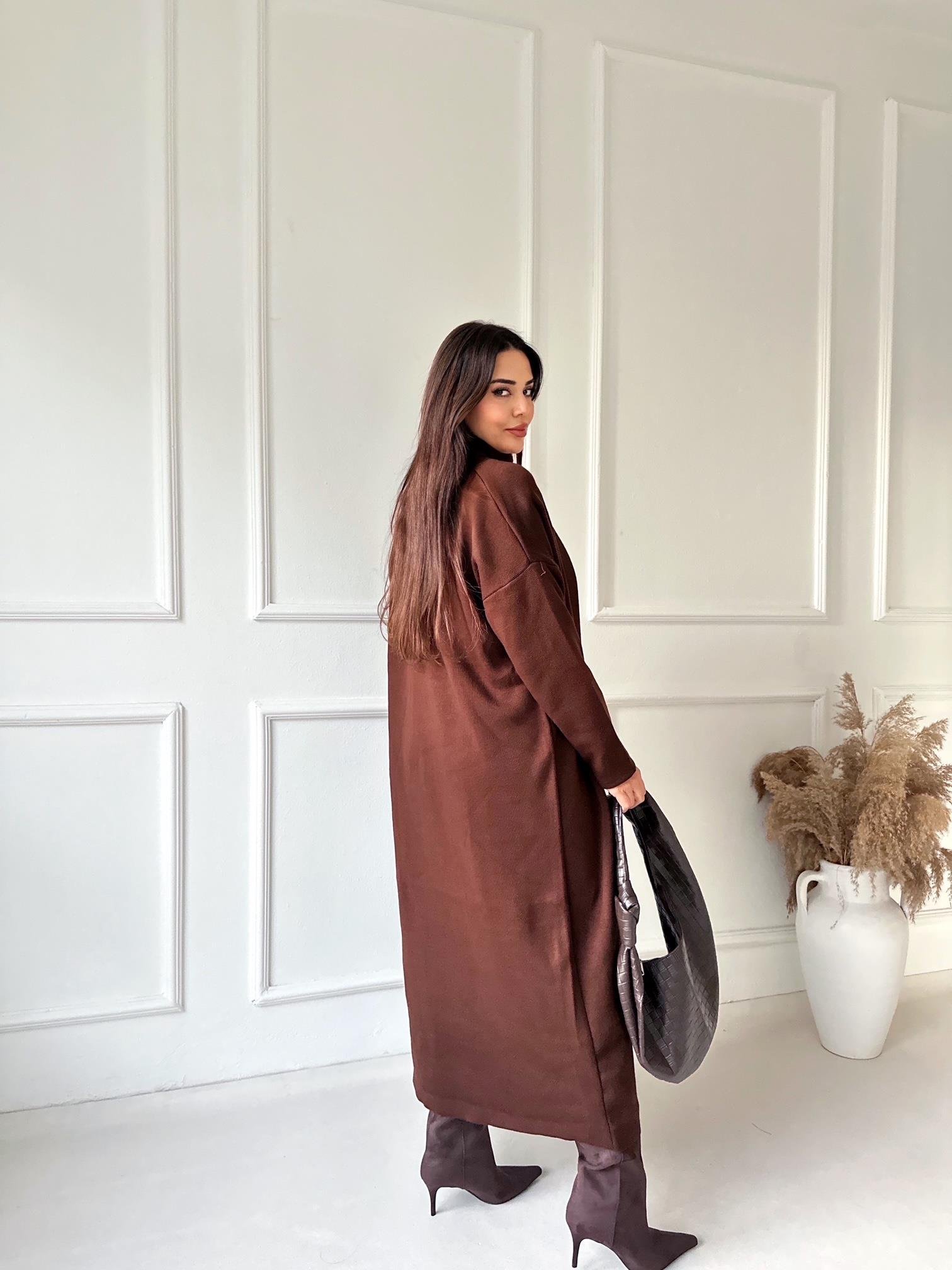 Lüks Kalite Kahve Kolsuz Triko Elbise Ve Hırka Takım | Nora Butik