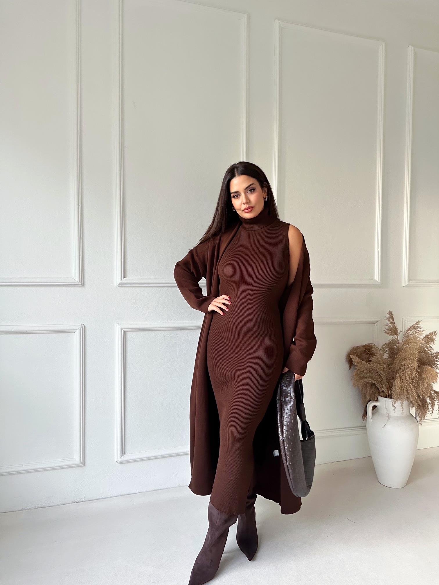 Lüks Kalite Kahve Kolsuz Triko Elbise Ve Hırka Takım | Nora Butik