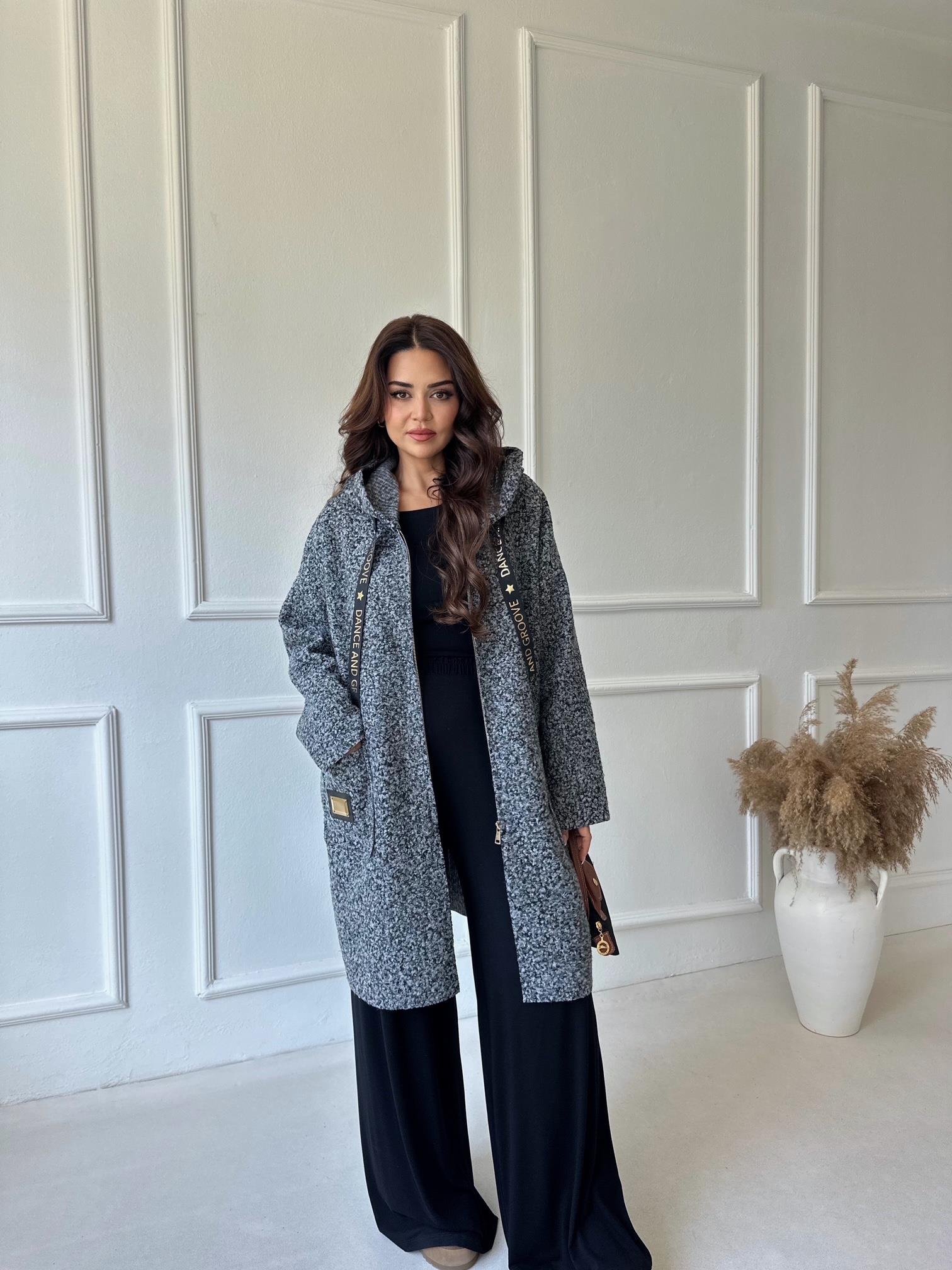 Lüks Kalite Kapişonlu Antrasit Buklet Kaban