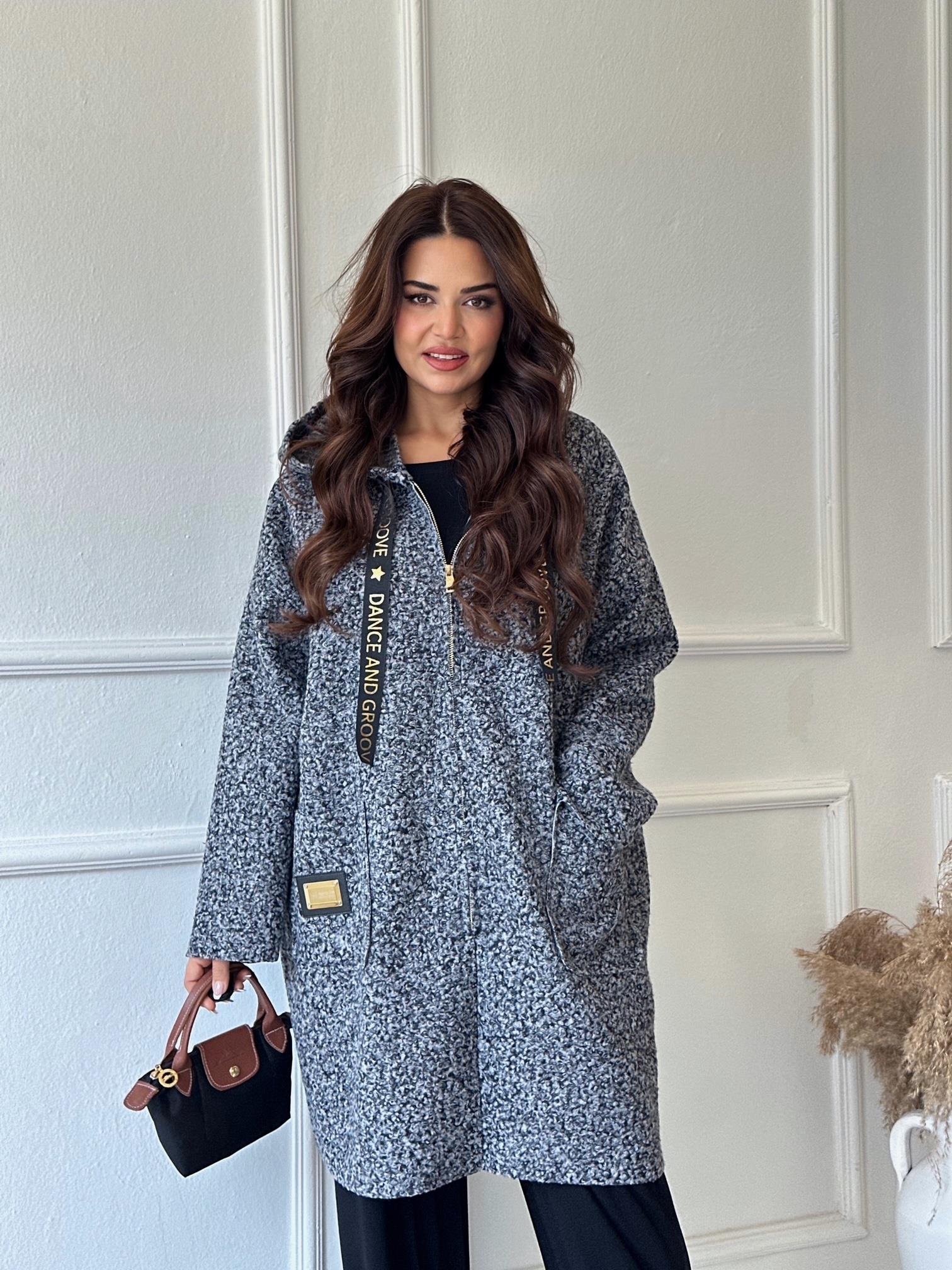 Lüks Kalite Kapişonlu Antrasit Buklet Kaban