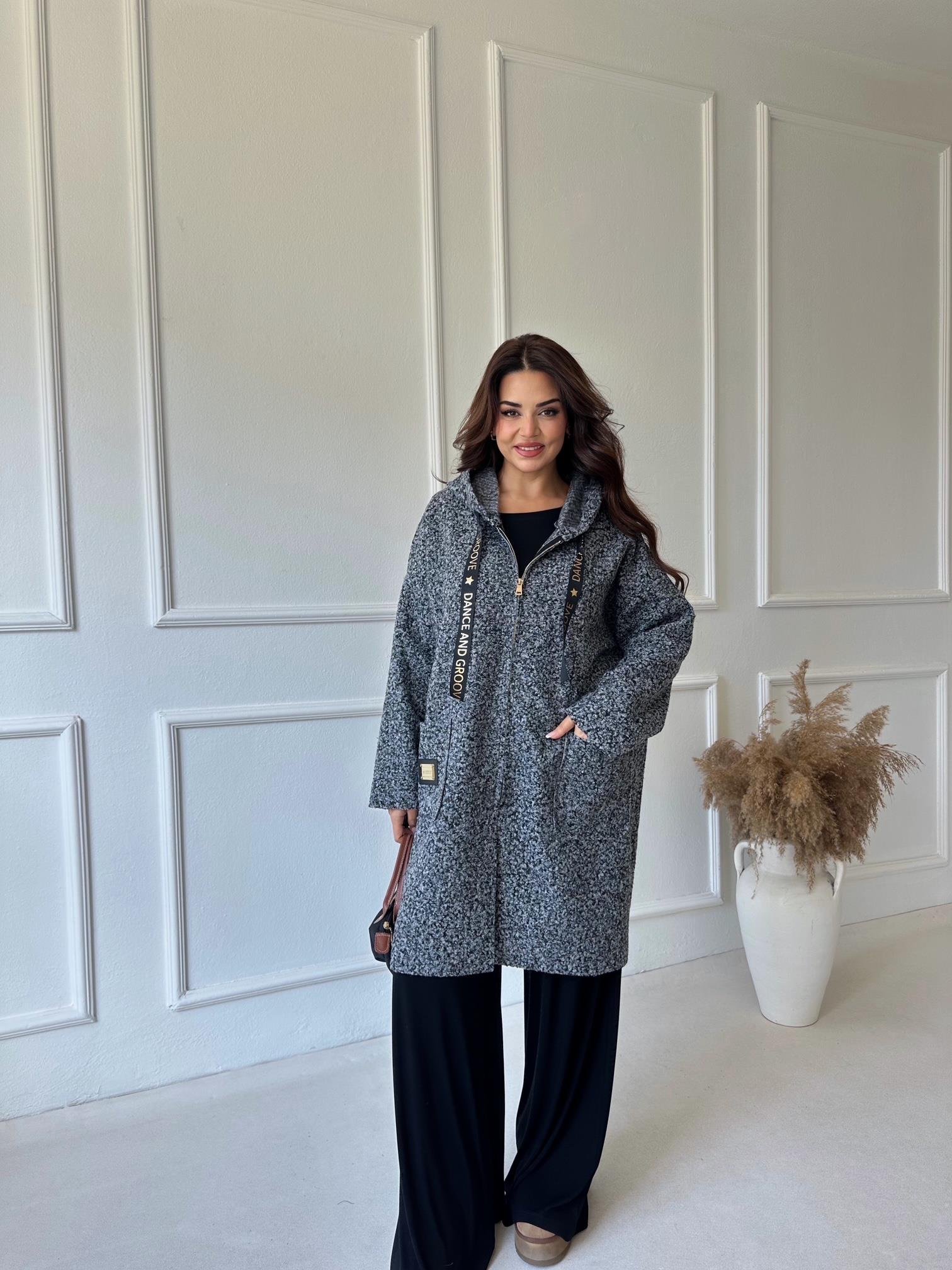 Lüks Kalite Kapişonlu Antrasit Buklet Kaban